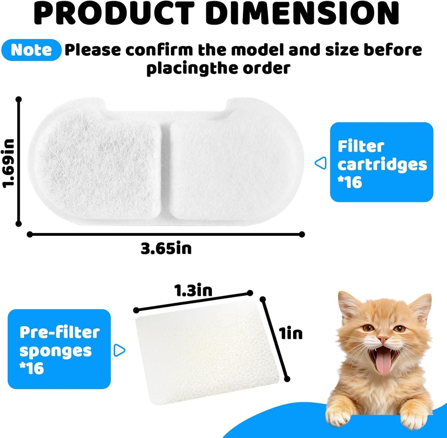 16+16 Pack Cat Water Fountain Filter Replacements Compatible with SEIRMEP 101oz/3L Stainless Steel Cat Water Fountain, Includes 16 Filters & 16 Pre-Filter Sponges