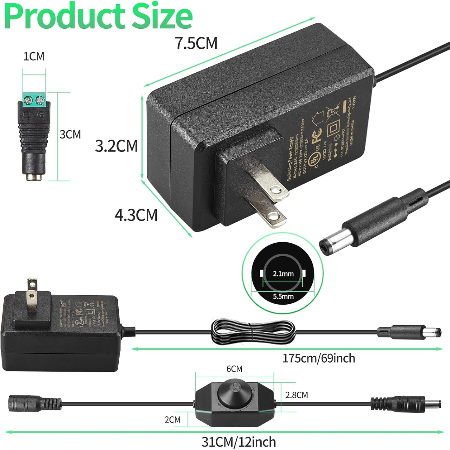 12V 2A Power Supply Class 2 UL Listed with LED Dimmer Switch,24W 100-240V AC/DC 12Volt 2Amp 1.5A 1A Adapter Power Supply with 5.5mm x 2.1 DC Jack Connector for LED Strip Light & Other Device