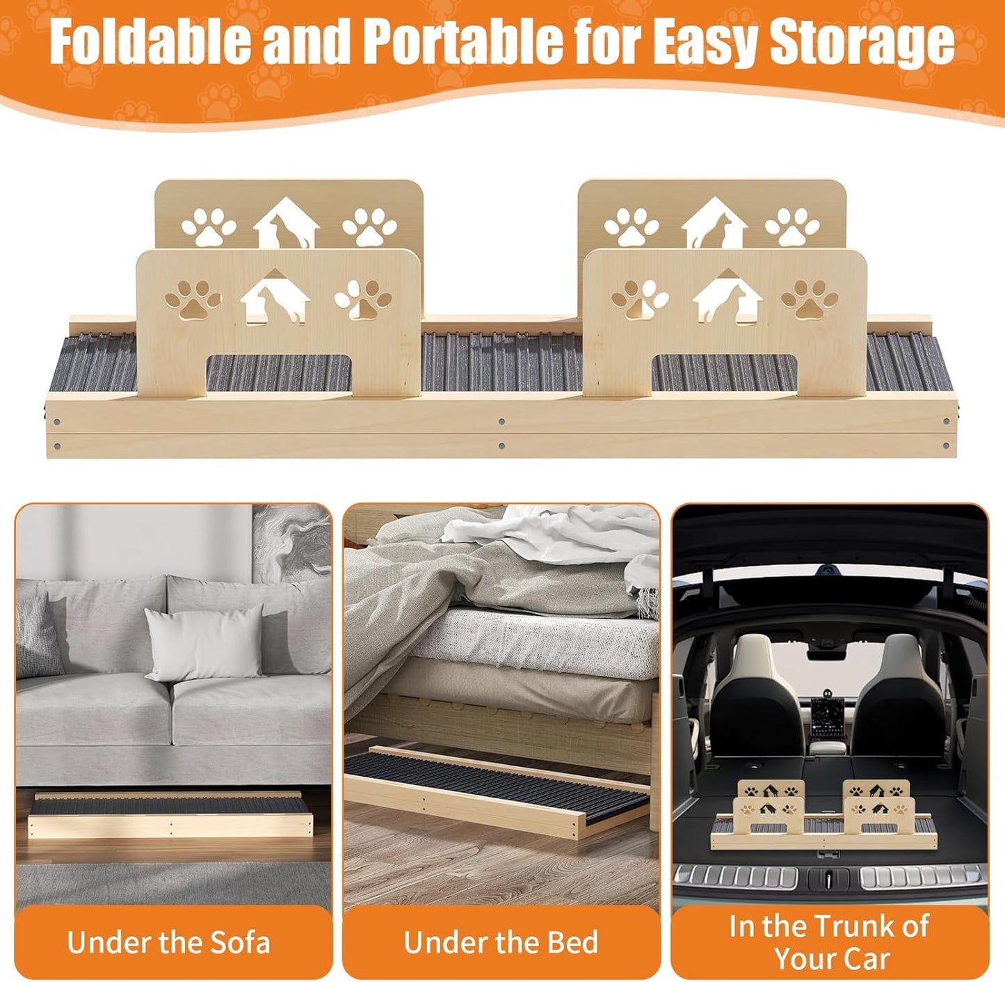 Dog Ramp for Bed 4 Adjustable from 13.8"-22.8" Portable Dog Steps Folding Ramp for Dogs to Get On Bed Wooden Paw Ramps with Anti-Slip Grip & Safety Rails Dog Stairs for High Beds Car Couch