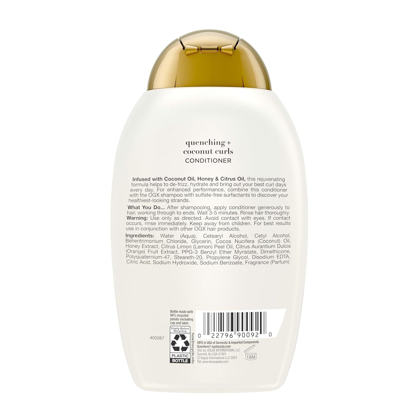 OGX Quenching + Coconut Curls Curl-Defining Conditioner, Nourishing Curly Hair Conditioner with Coconut /Citrus Oil & Honey, Paraben-Free with Sulfate-Free Surfactants, 13oz