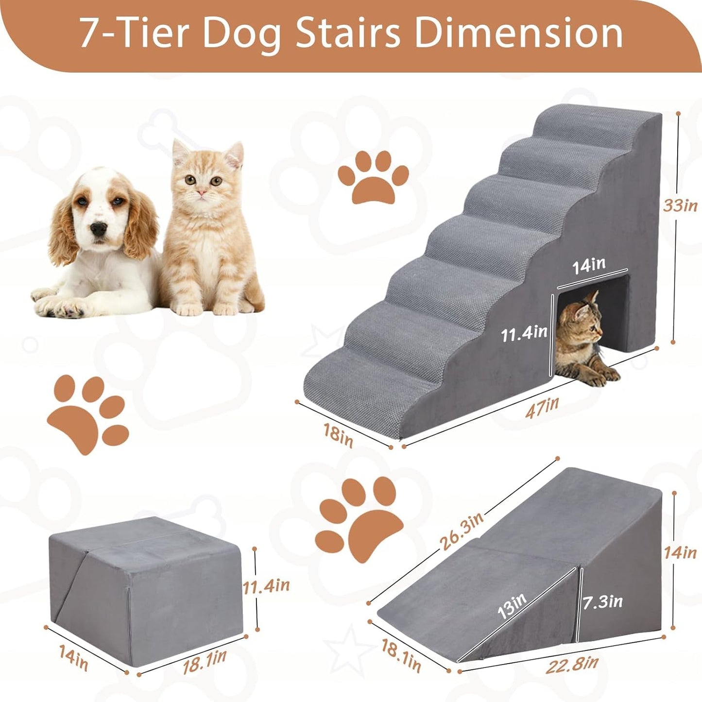 A.FATI 7-Tier Foam Dog Stairs, 33 Inch 2-in-1 Non-Slip Pet Ramp for High Beds & Sofas, Joint Protection Pet Steps for Senior/Short-Legged Dogs & Cats, High-Density Foam, Supports Up to 60 LBS
