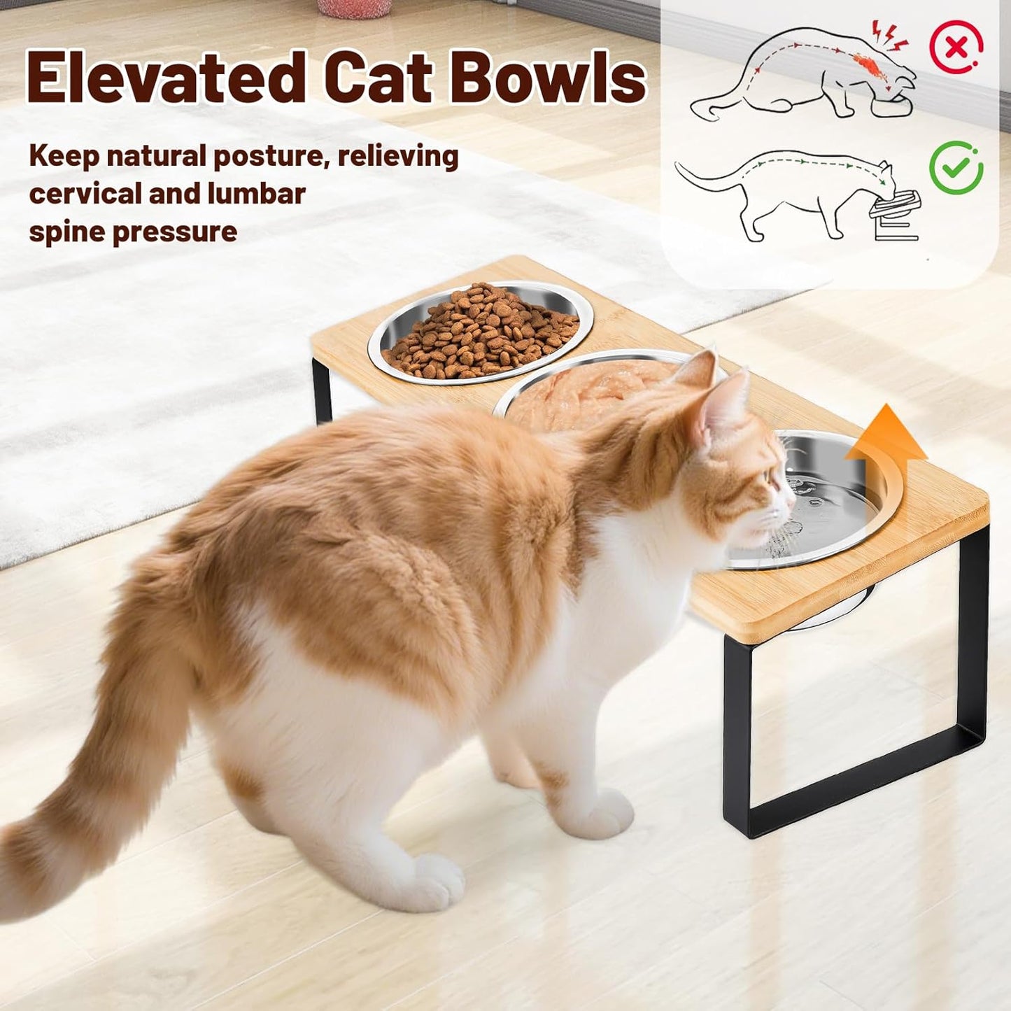 Elevated Cat Bowl, Raised Cat Food Bowls with 10° Tilted Stands, 3 Stainless Steel Bowls for Wet, Dry & Water, Hold by Bamboo Board, Anti Vomiting Cat Feeding Bowls with 4 Non-Slip Pads