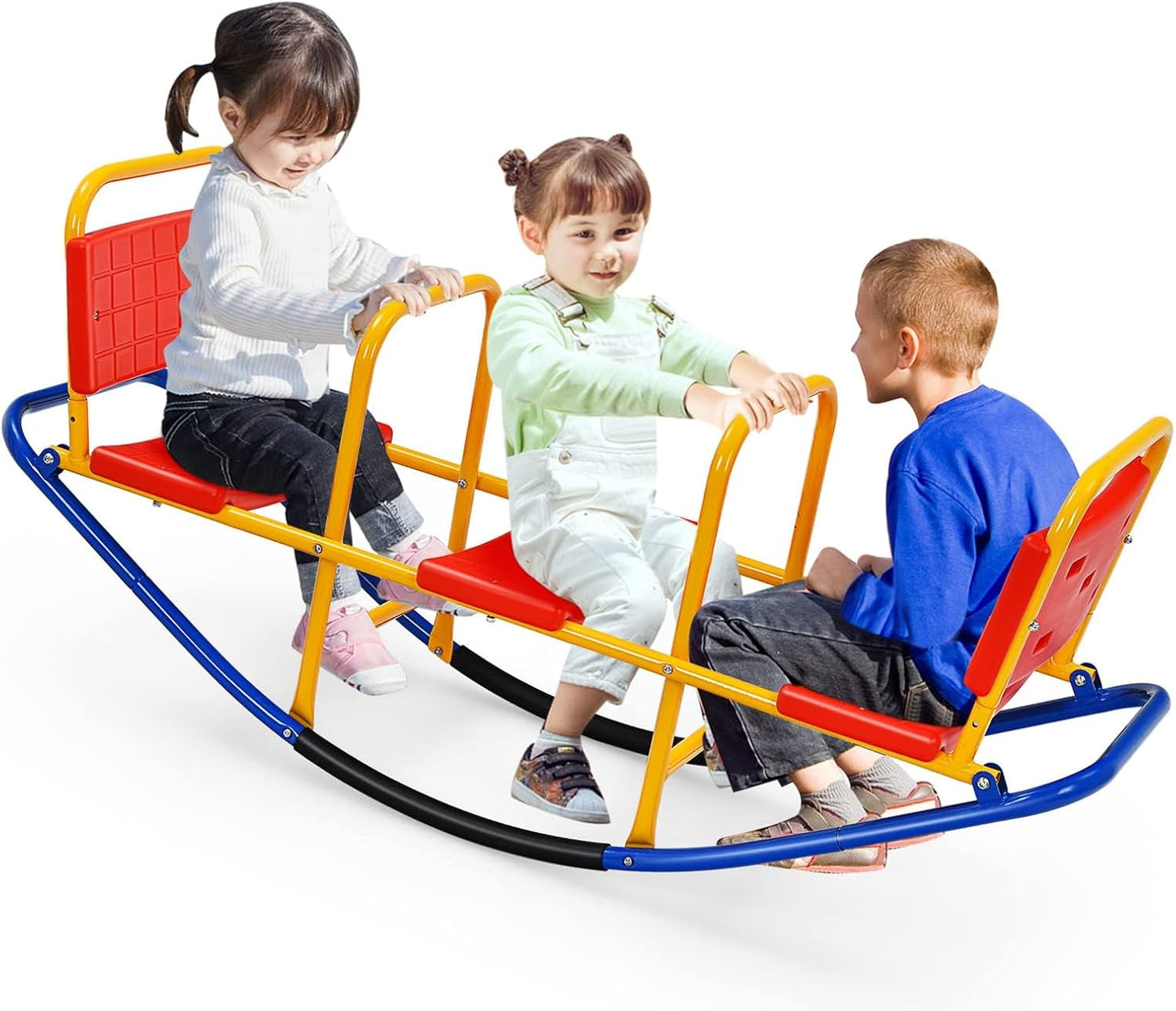 Costzon Teeter Totter Seesaw for Kids Outdoor, 2 in 1 Metal Rocking Seesaw for Toddlers with Easy-Grip Handles, Indoor Outdoor Rocker Toy Gifts for Ages 2-5, 1-3 Person Home Preschool Backyard See Saw