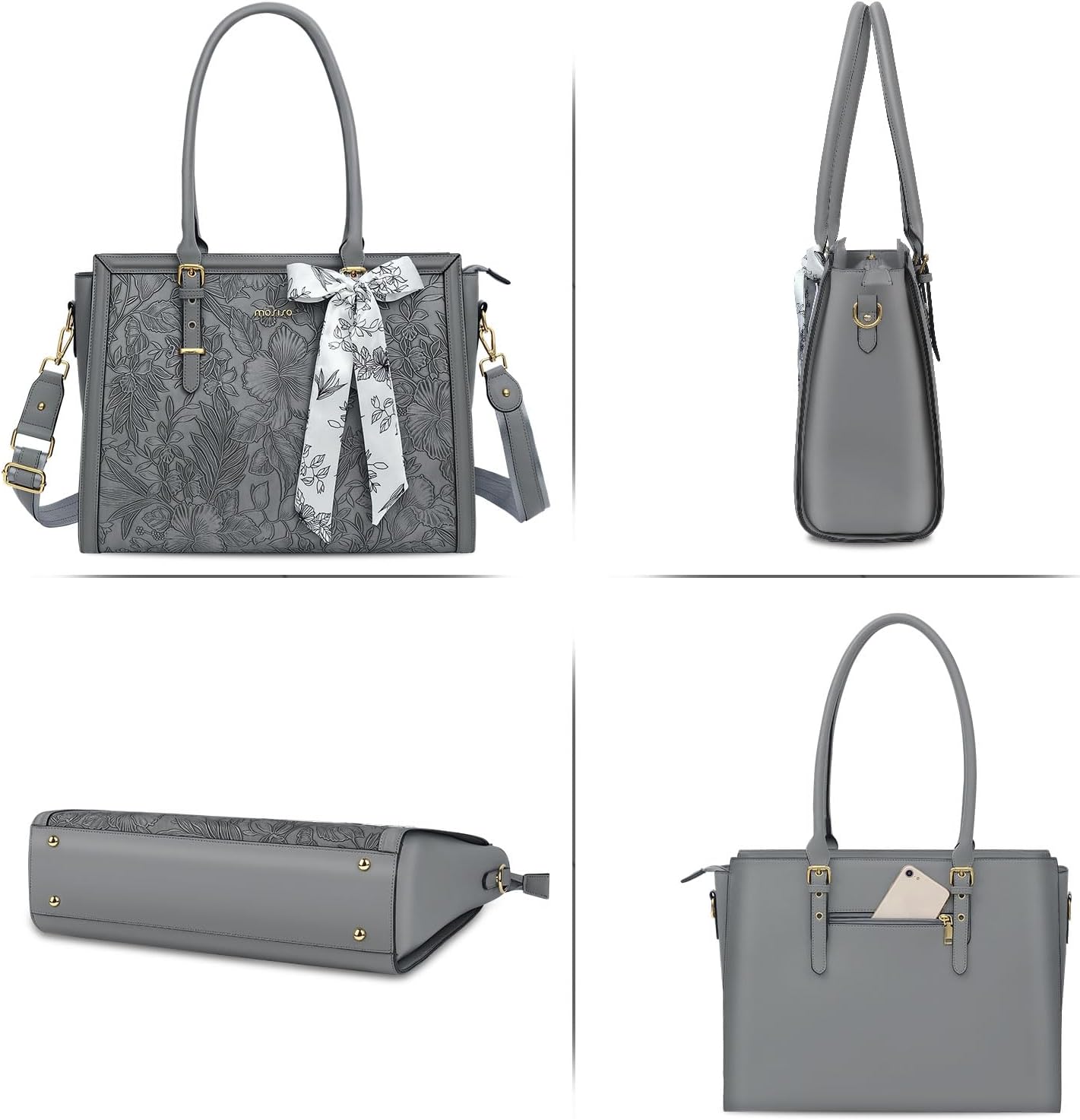 MOSISO Laptop Bag for Women, PU Leather Tote Bag, Front Embossed Retro Hibiscus Computer Bags with Silk Scarf&Clutch Purse