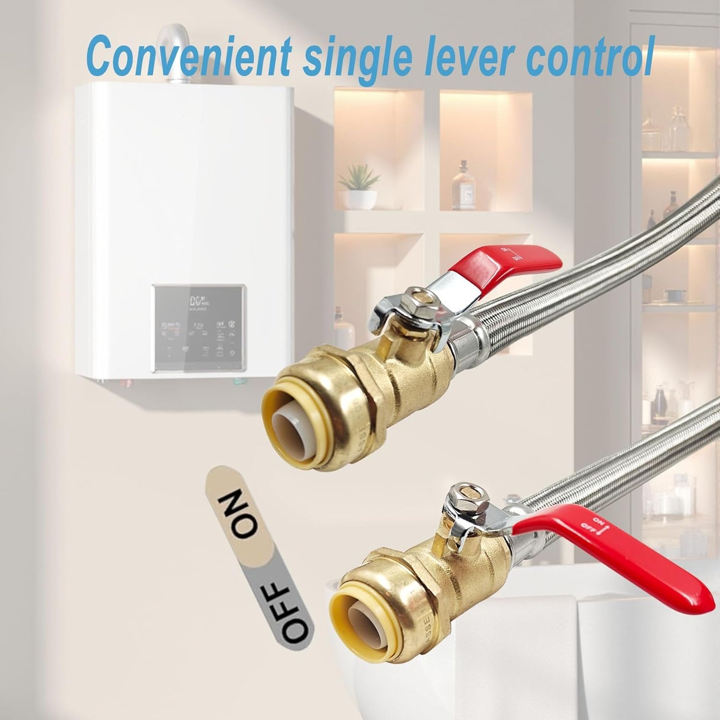 3/4" Ball Valve x 3/4" FIP x 24" Water Heater Hose Connector, Stainless Steel Braided Corrugated Flexible Water Heater Connector, Push To Connect Brass Plumbing Fitting, Copper, Pex, CPVC, 2 Pack