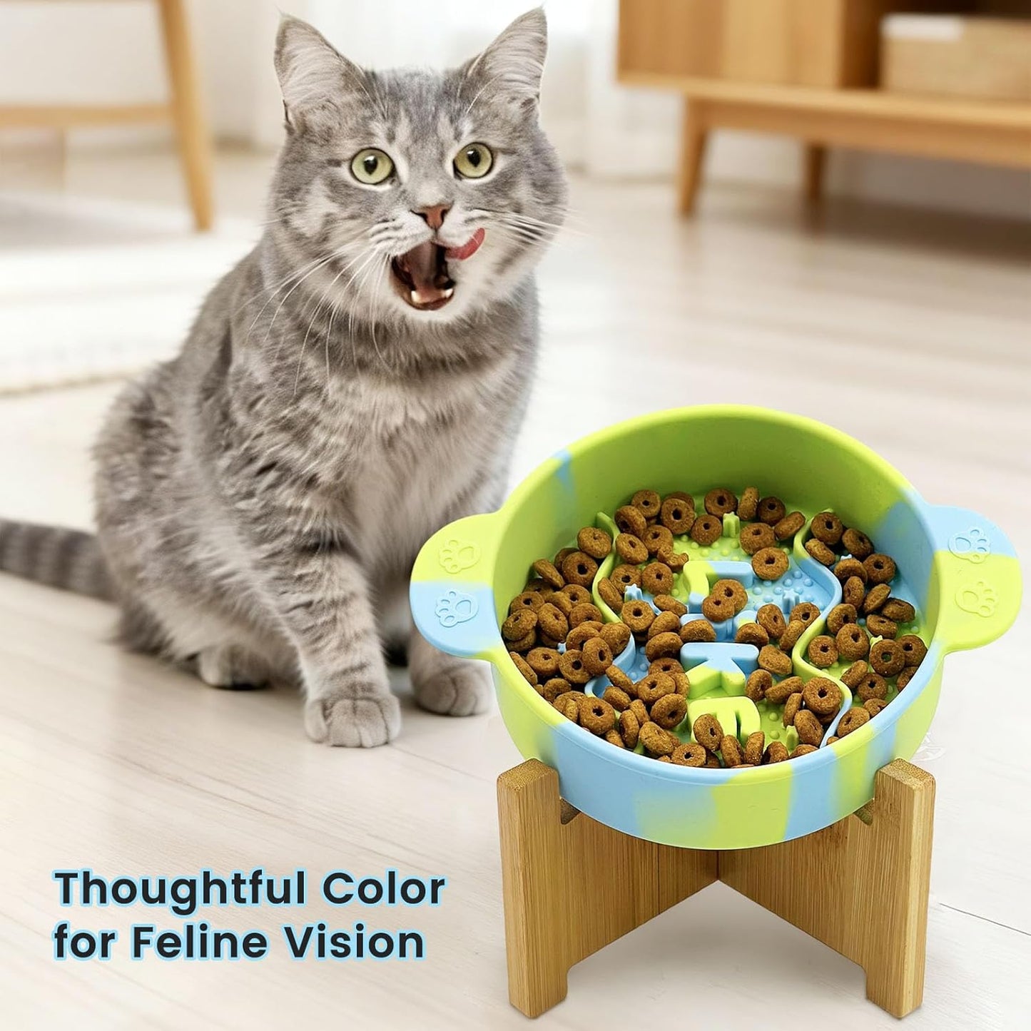 Daily Treasures Slow Feeder Cat Bowl with 15° Raised Bamboo Stand, Silicone Food Dish for Wet & Dry Food,Anti Vomit Interactive Pet Dish,Non-Slip Puzzle Food Bowls for Cats & Small Dogs(Blue & Green)