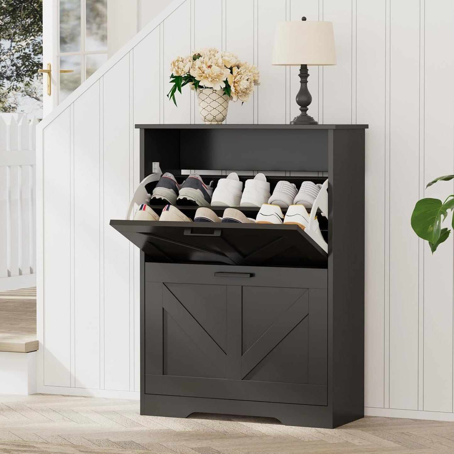 Farmhouse Shoe Cabinet for Entryway with Barn-Style Flip Drawers, Narrow Shoe Storage Organizer with Top Display Shelf, Adjustable Shelves, Shoe Rack for Hallway, Closet- (Black, 24")