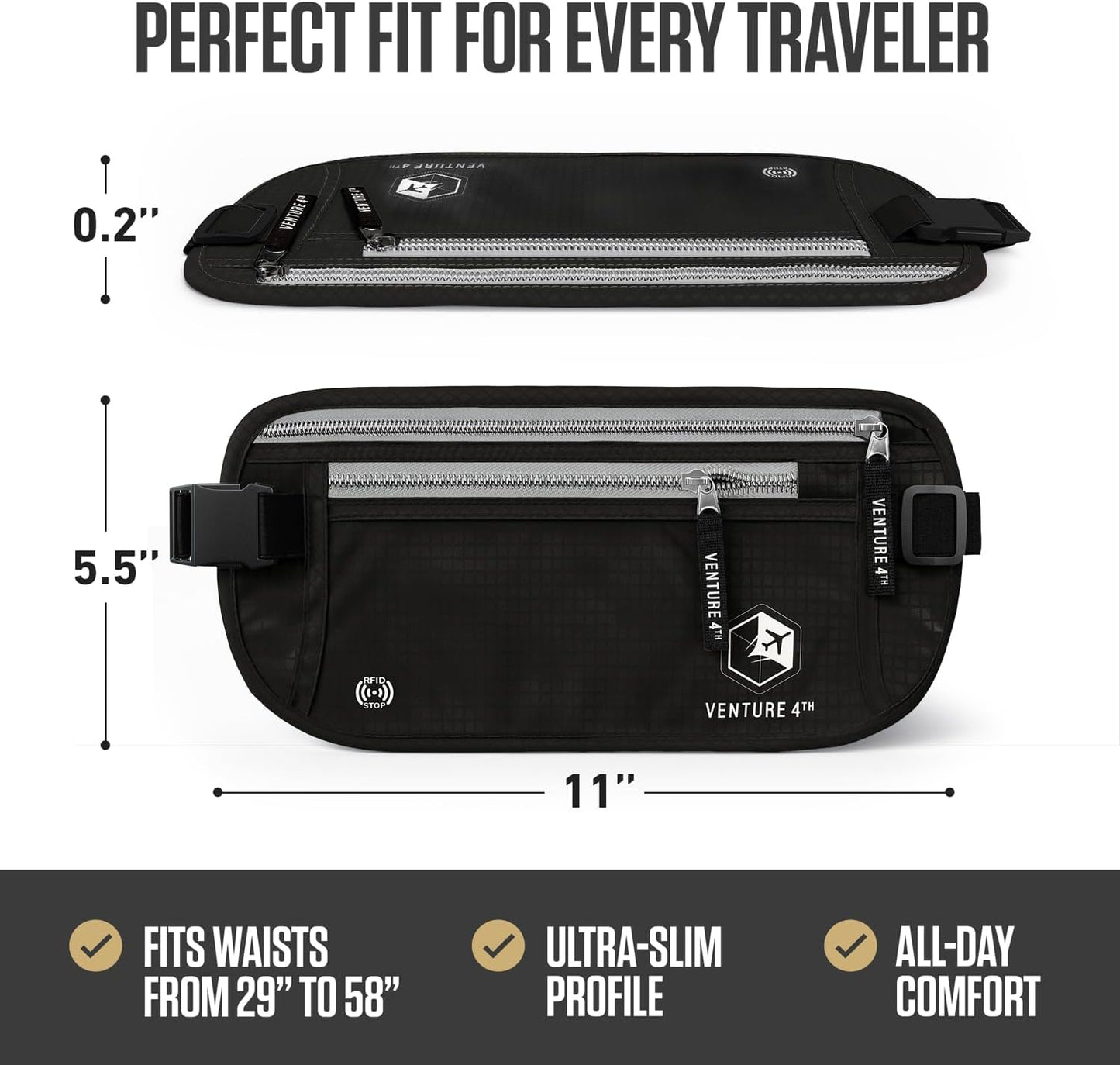 VENTURE 4TH Money Belt for Travel – Hidden Under-Clothes RFID Blocking Passport Holder & Slim Travel Wallet Pouch for Men & Women to Protect Cash, Cards & Documents (Black)