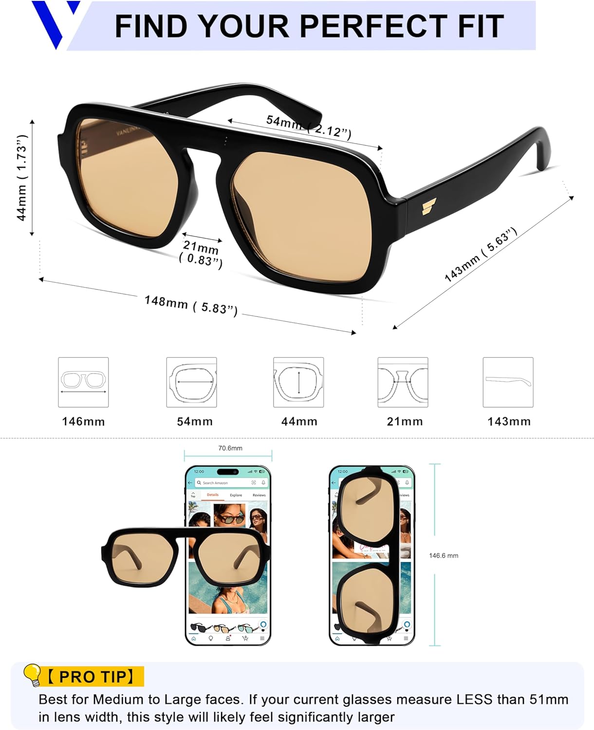 VANLINKER Oversized Retro Square Aviator Sunglasses for Women Men 70s Vintage Style Trendy Big Flat Top Sun Glasses VL9826