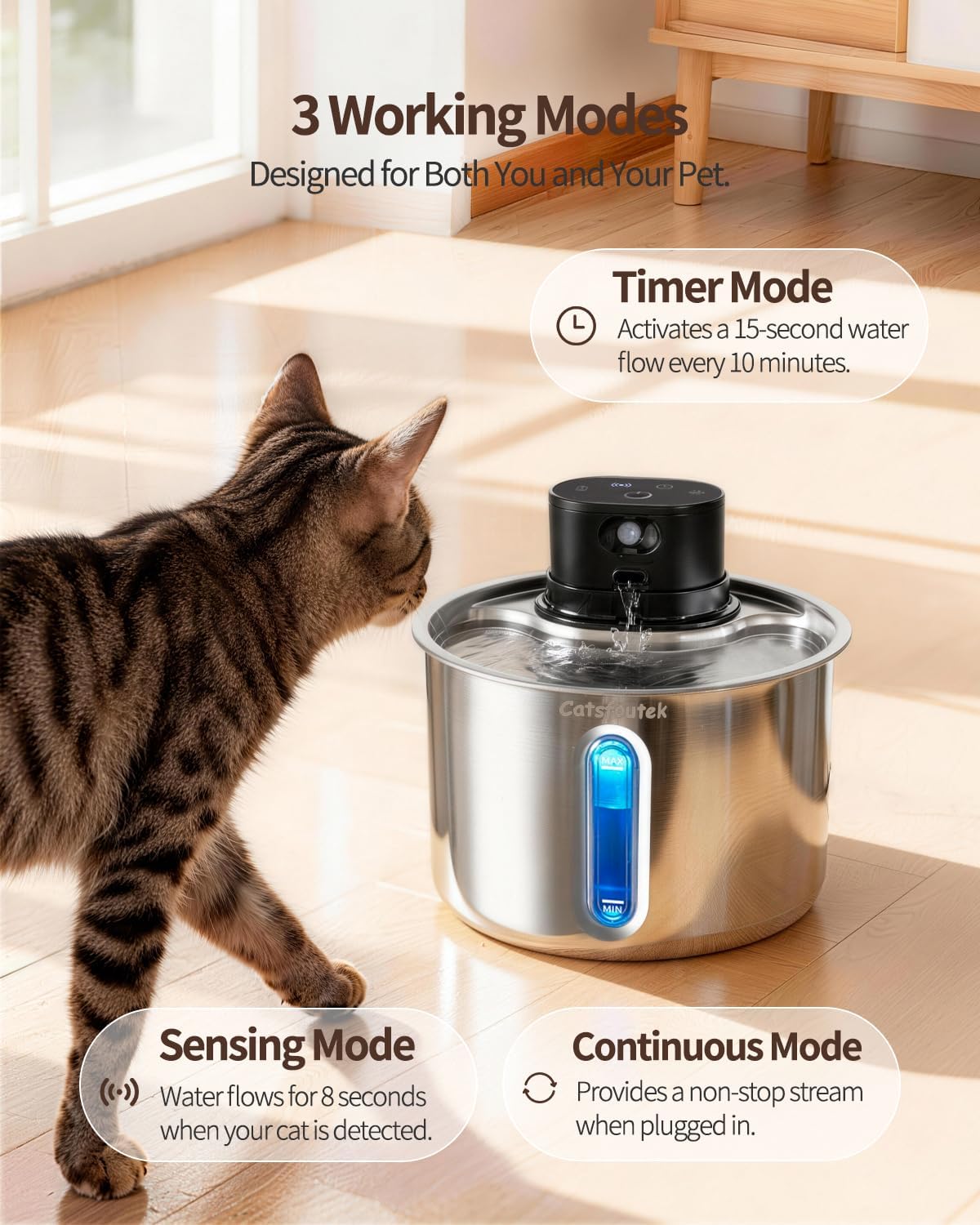 Wireless Cat Water Fountain Cordless Stainless Steel Cat Fountain Battery Operated 74oz/2.2L Rechargeable Automatic Pet Water Fountain for Cats Indoor