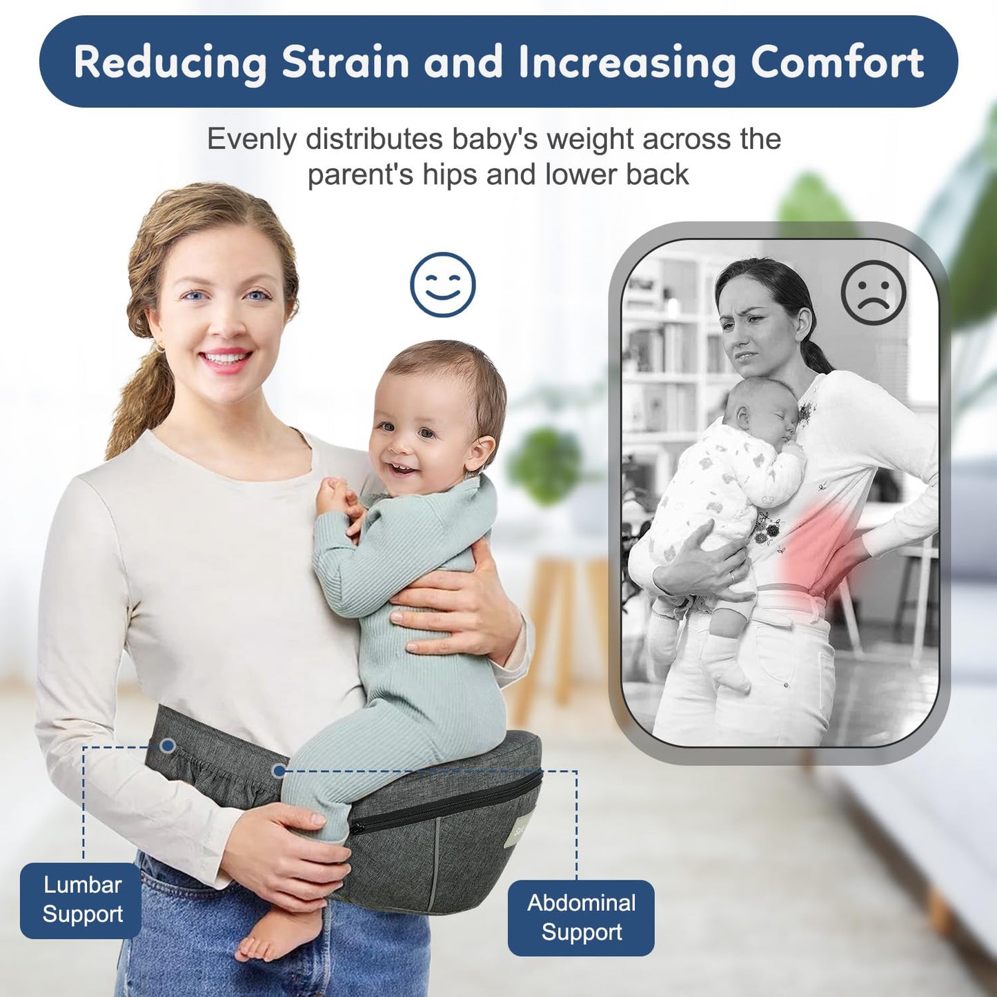 Baby Carrier with Hip Seat, Ergonomic Front Carrier for Newborns & Toddlers, Adjustable Waistband with Strong Support, Large Pocket Design, Grey