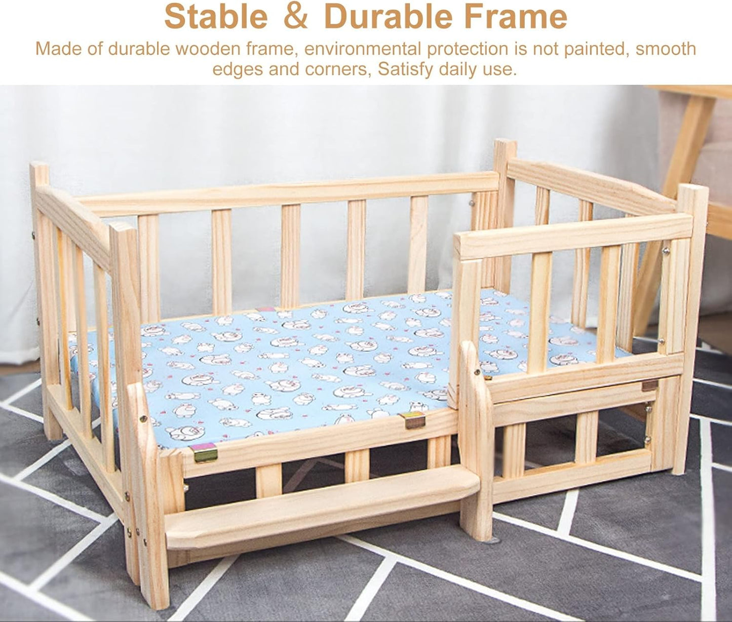 Pet Bed Medium/Large Raised Wooden Dogs Bed with Washable Bedding ＆ Stairs, Comfortable Breathable Elevated Pet Couch, for Older Cats/Puppy (Color : Style2, Size : M-75x50x42cm/30x20x17") (Style1 XL1