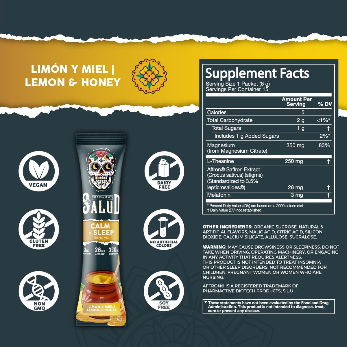 Salud 2-in-1 Sleep Aid + Calm Drink Mix, Punch Ponche Flavor, Melatonin, Magnesium, Saffron Extract, L-Theanine, Non-GMO, Gluten Free, Vegan, Low Calorie, 1g of Sugar (15 Servings)