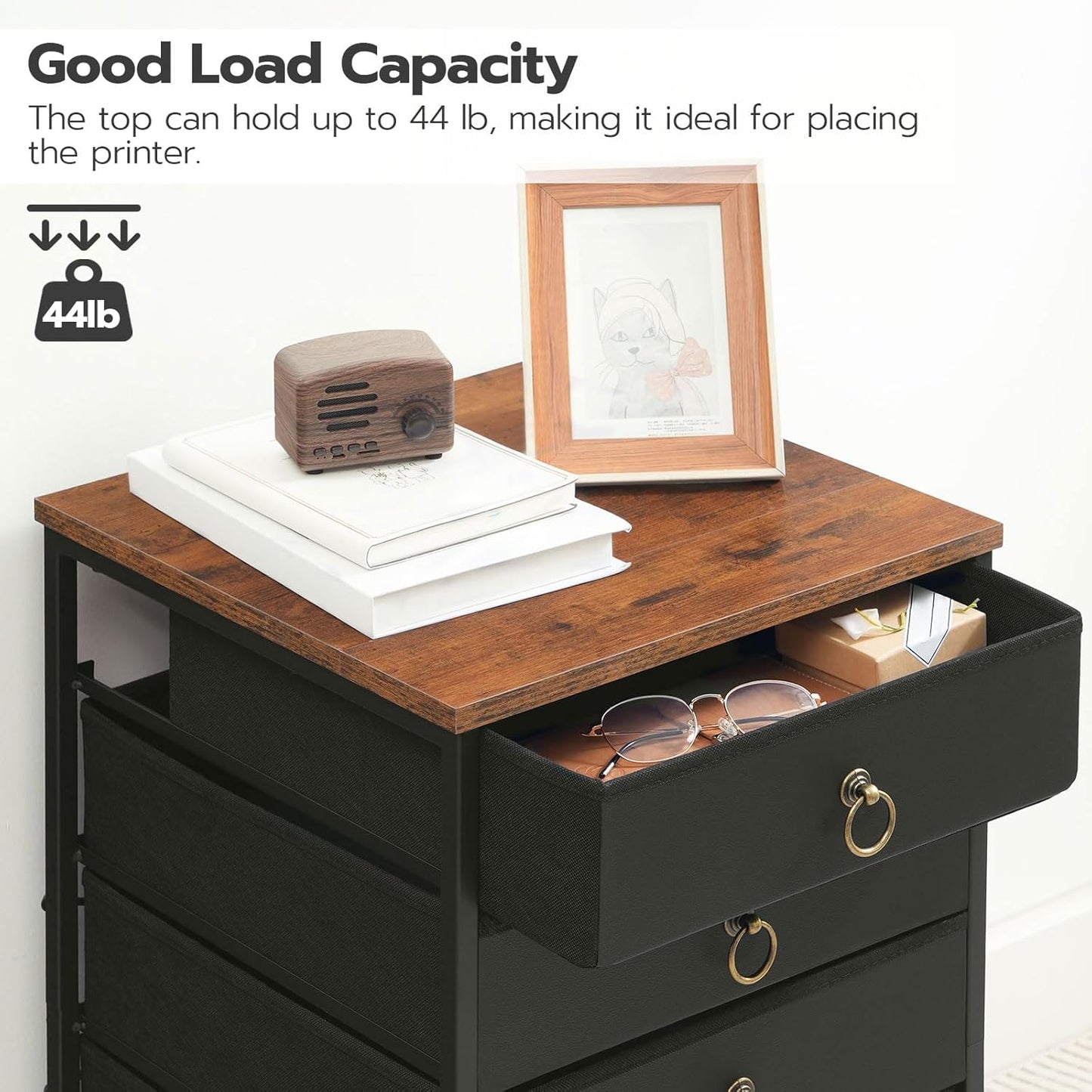 HOOBRO 5-Drawer Chest, Office File Cabinet with Drawers, Rolling Printer Stand, Filing Cabinet for Living Room, Home Office, Nonwovens Drawer, Easy Assembly, Black BFK50WJ01