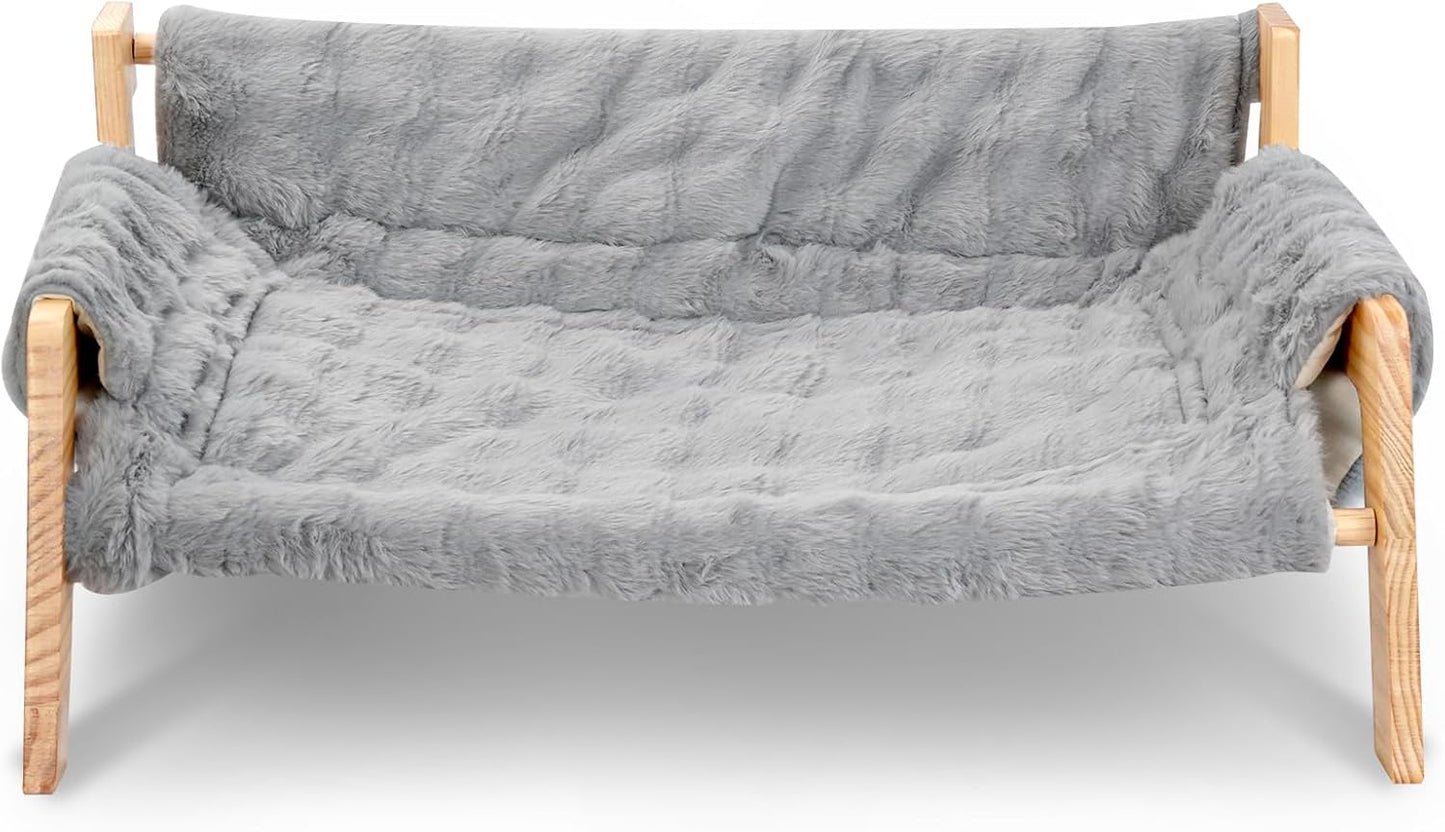 Elevated Cat Couch Bed for Indoor Cats, Large Cat Sofa Bed with Removable Fluffy Cover Wooden Raised Dog Bed, Washable Pet Dog Chair for Kitten Puppy Small Animals, 27”x18.6”x11.8”