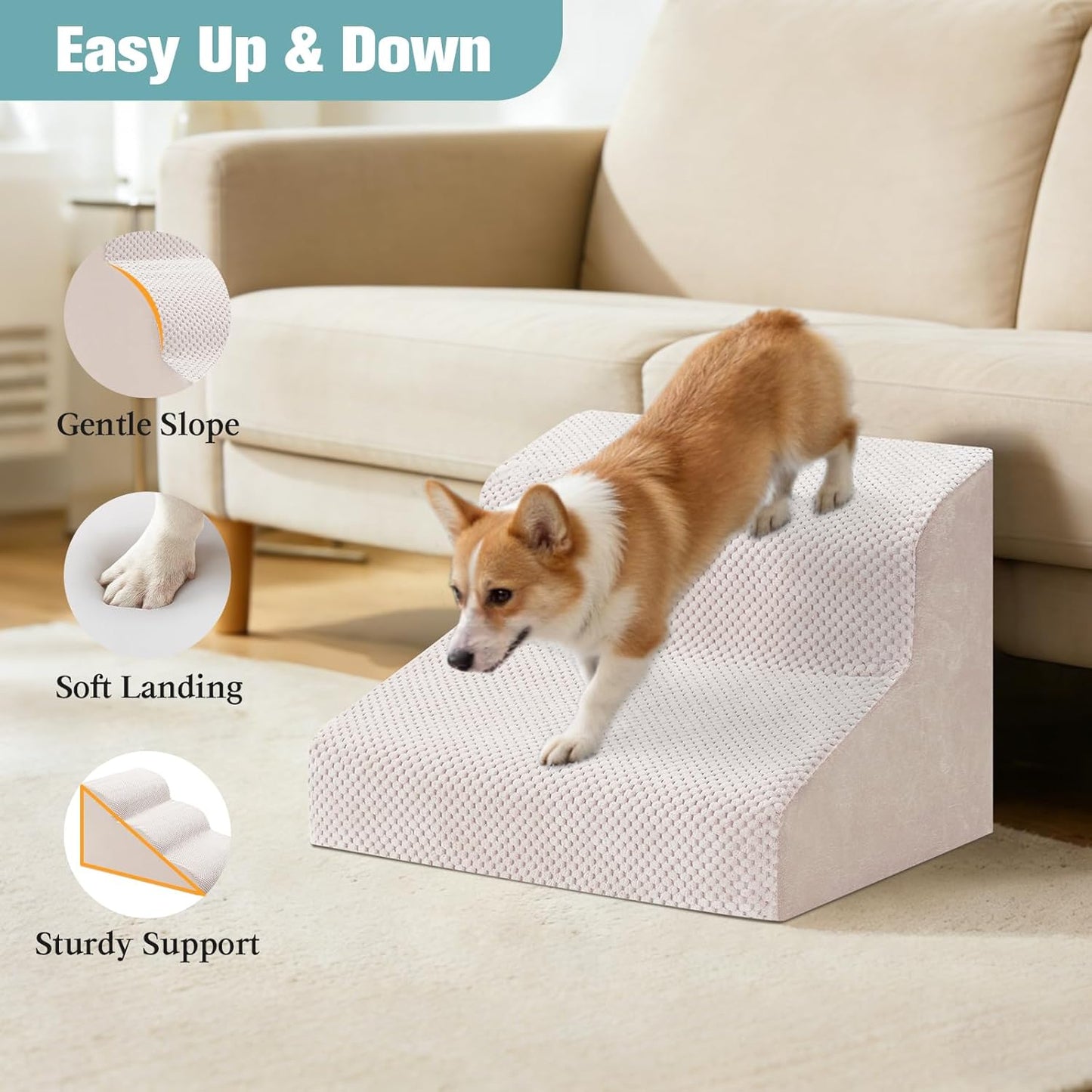 Dog Stairs for Small Dogs, 2-Step Dog Steps for Couch Sofa and Chairs, High-Density Foam Pet Steps Ramp with Removable Washable Cover for Older Injured Puppy Dogs and Cats, 11.81" H, Beige