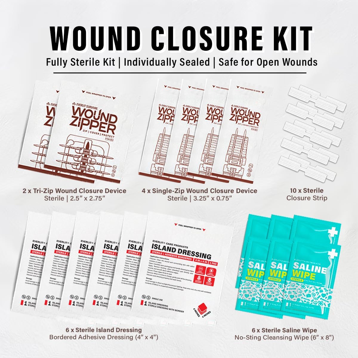 Wound Closure Kit | 28 Pcs All-in-One First Aid with Suture-Free, Stitchless Zip Devices, Butterfly Bandages, for up to 6" Wounds | 100% Sterile Medical Supplies to Clean, Cover & Heal