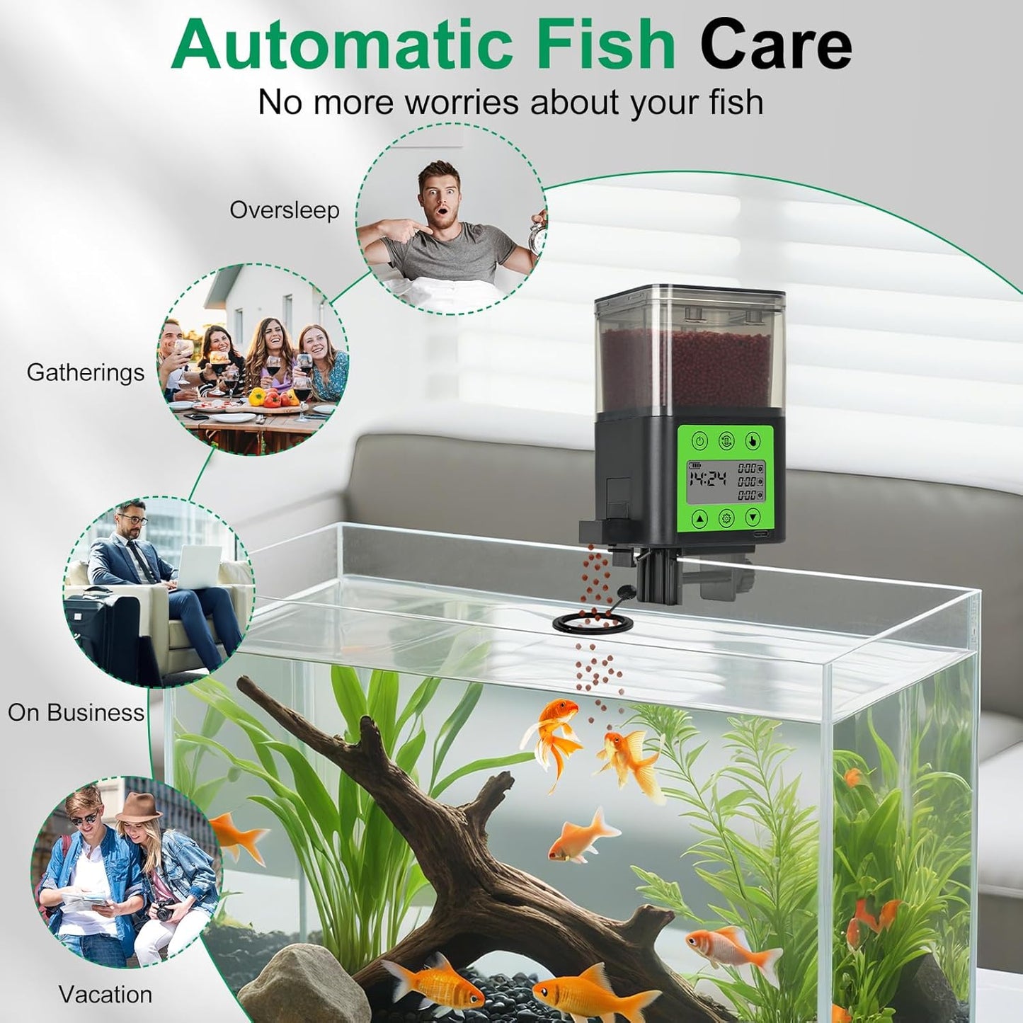 Lychee Automatic Fish Feeder - USB Rechargeable 320ML Large Capacity Aquarium Fish Food Dispenser with Two Feeding Ring, Moisture-Proof-Aquarium Electric Timer Feeder for Business Trips