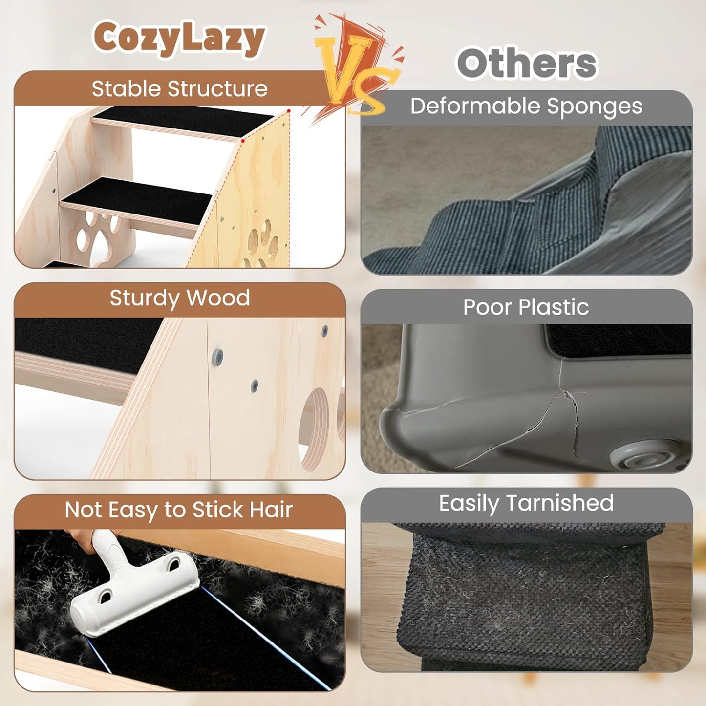 Dog Stairs, Wooden 3-Step Dog Ramp for Small Medium Large Older Cat, Puppy Essentials Pet Step Ladder for High Bed Couch Car