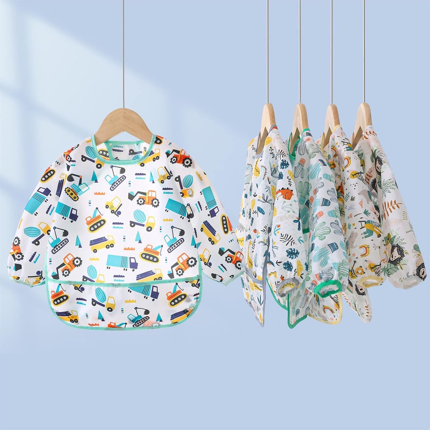 5 Pack Long Sleeve Bib,Baby Toddler Waterproof Sleeved Bib for 6-30 Months Reusable with Catch-all Pocket