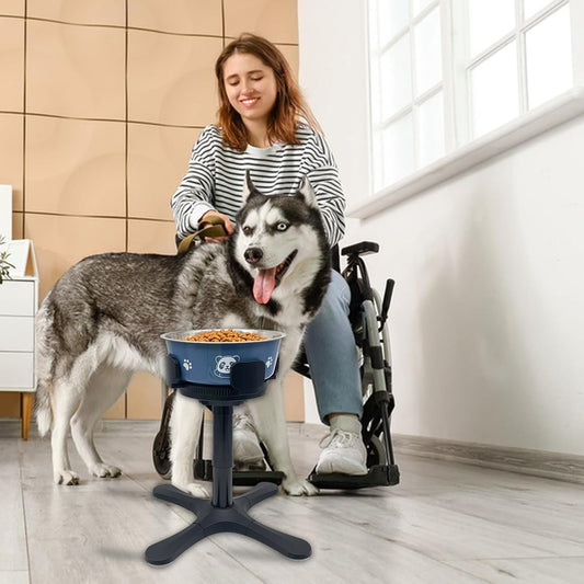 Dog Bowl Stand - Adjustable Single Feeding Raised, Prevent Tipping Large Medium Dogs, Backyard Living Room, Stainless Steel Height Extendable, Anti-Slip Stable Base, Modern Black Design Pet