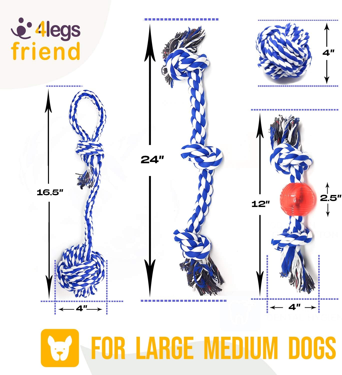 Rope Toys for Large Dogs & Puppies 4-Pack – Natural Cotton Rubber Tug-of-War Toy Set – Tough Dog Toys for Aggressive Chewers Improve Dental Hygiene – Machine-Washable Dog Rope Toy Ropes