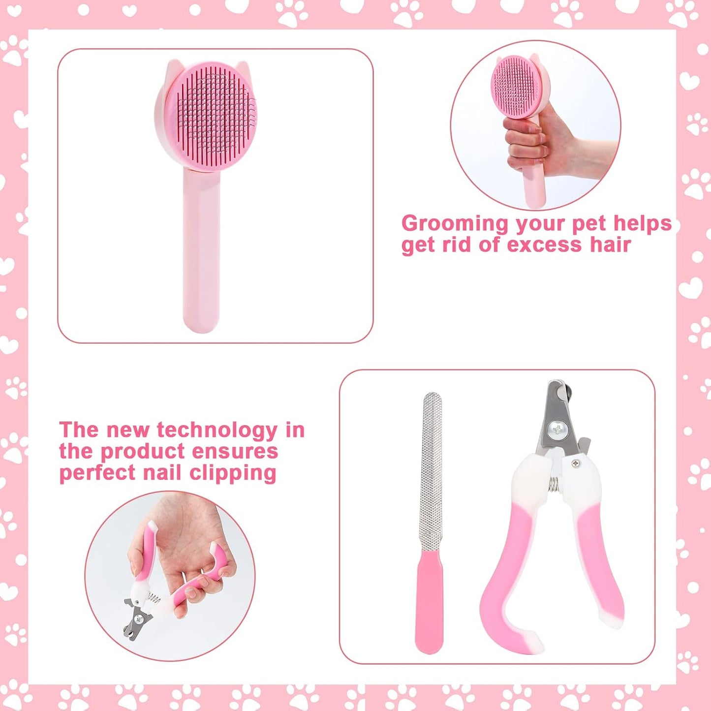 VCZONE 8 Pcs Cat Brush Grooming Kits, Pet Self Cleaning Kit with Pet Nail Clipper and File, Flea Comb, Pet Shampoo Bath Brush, Pet Shedding Brush, Silicone Toothbrush (Pink)