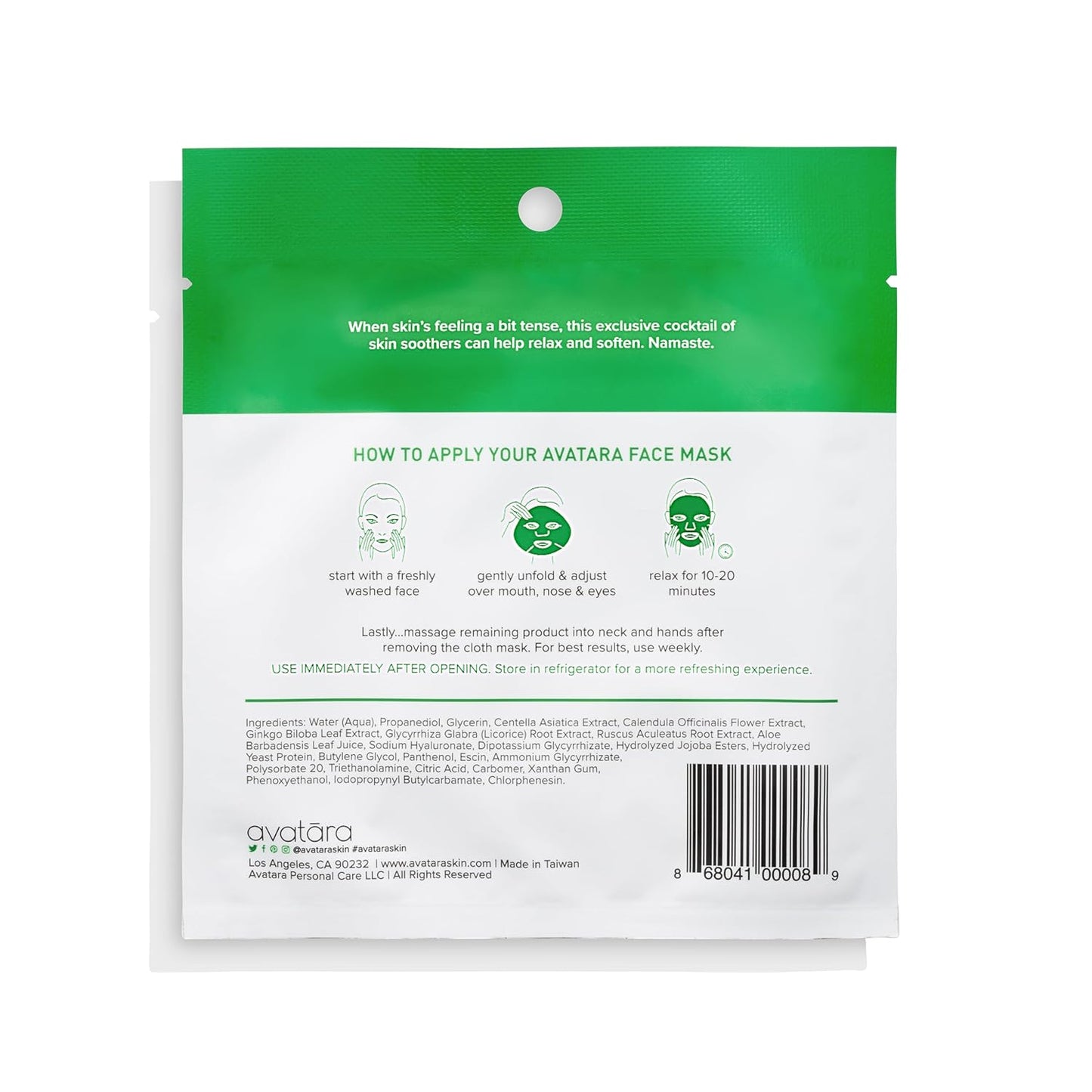 Avatara Chill Out Facial Mask 5 Sheets, Hydrating Mask, Sheet Masks, Face Mask Skincare Beauty Essential Made with Hydrating Hyaluronic Acid & Moisturizing Aloe, for Stressed-Out Skin, 5 Pack