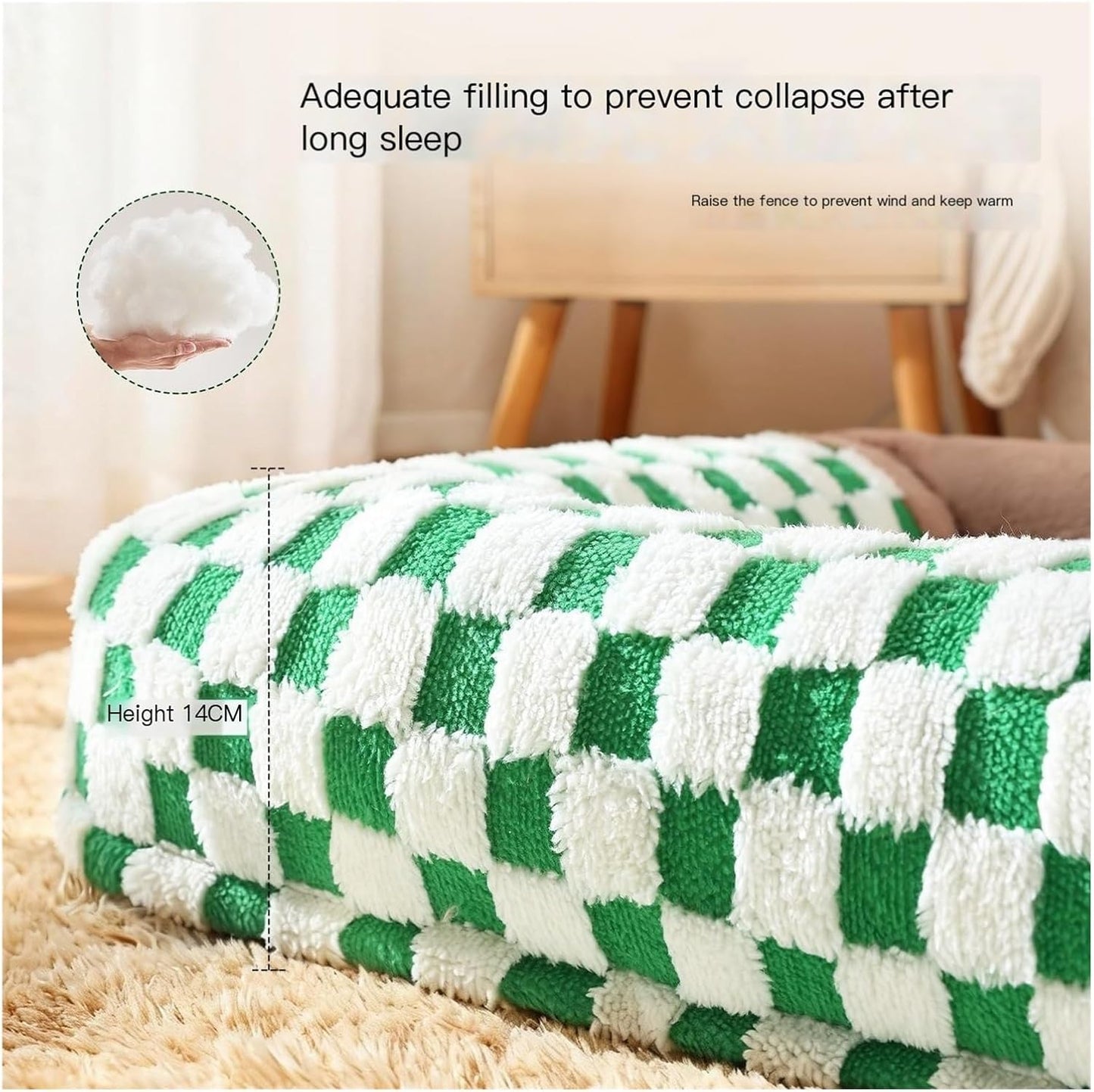 Checkerboard Square nest Soft Large pet Bed deep Sleep cat Kennel Winter Warm mat(Green,Small)