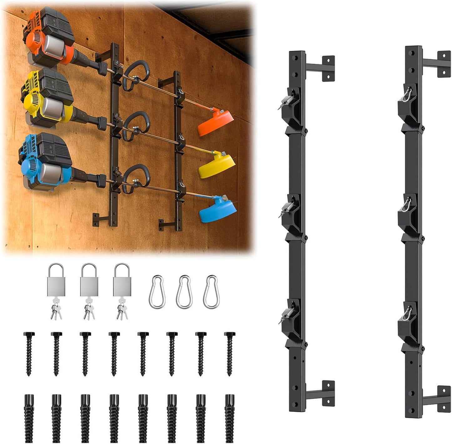 Weed Eater Rack for Enclosed Trailer with Locks, 3 Place Weedeater Rack for Open/Enclosed Trailers Spring Hasp Trimmer Rack 360° Sponge Pad Enclosed Trailer Accessories Lawn Care Equipment