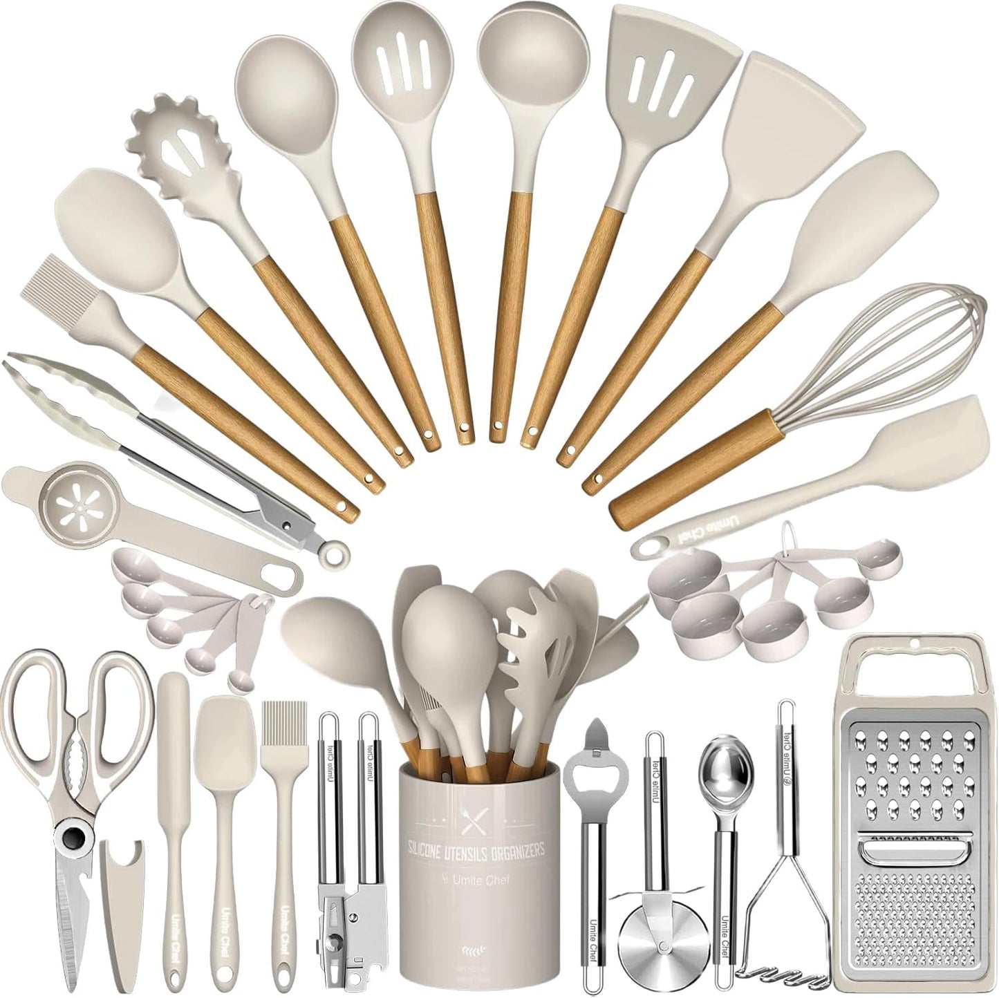 Thickened Silicone Cooking Utensils Set- Umite Chef Khaki Kitchen Utensils Set, 34PCS Heat Resistant Kitchen Gadgets Tools Set with Grater, BPA-Free Kitchen Spatula Set for Nonstick Cookware