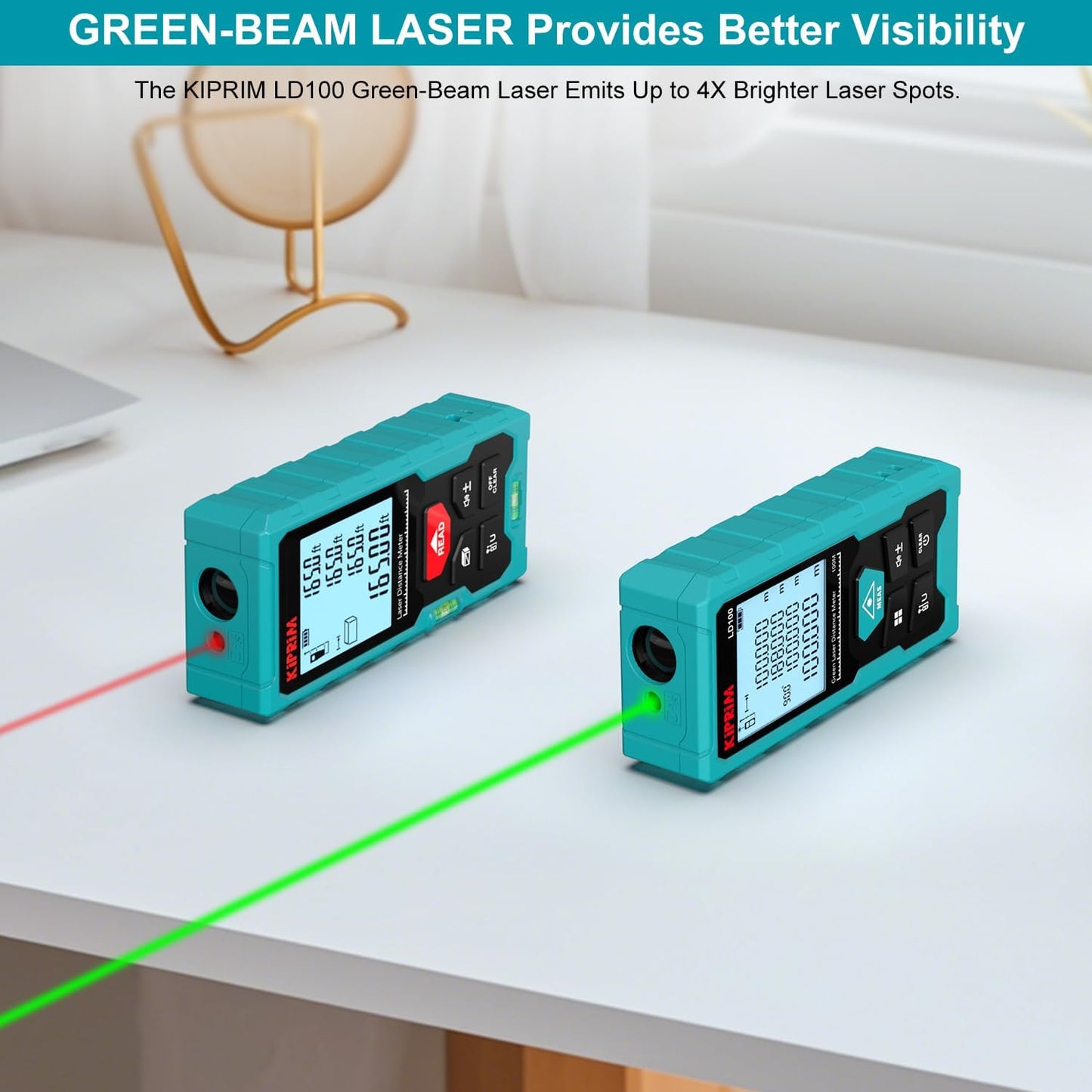 Kiprim Green Laser Distance Meter, 328ft Measuring Tool with USB Type-C Rechargeable Battery, ±1/16" Accuracy, Electronic Level, 10 Modes, Class II Laser, Reflector Plate LD100