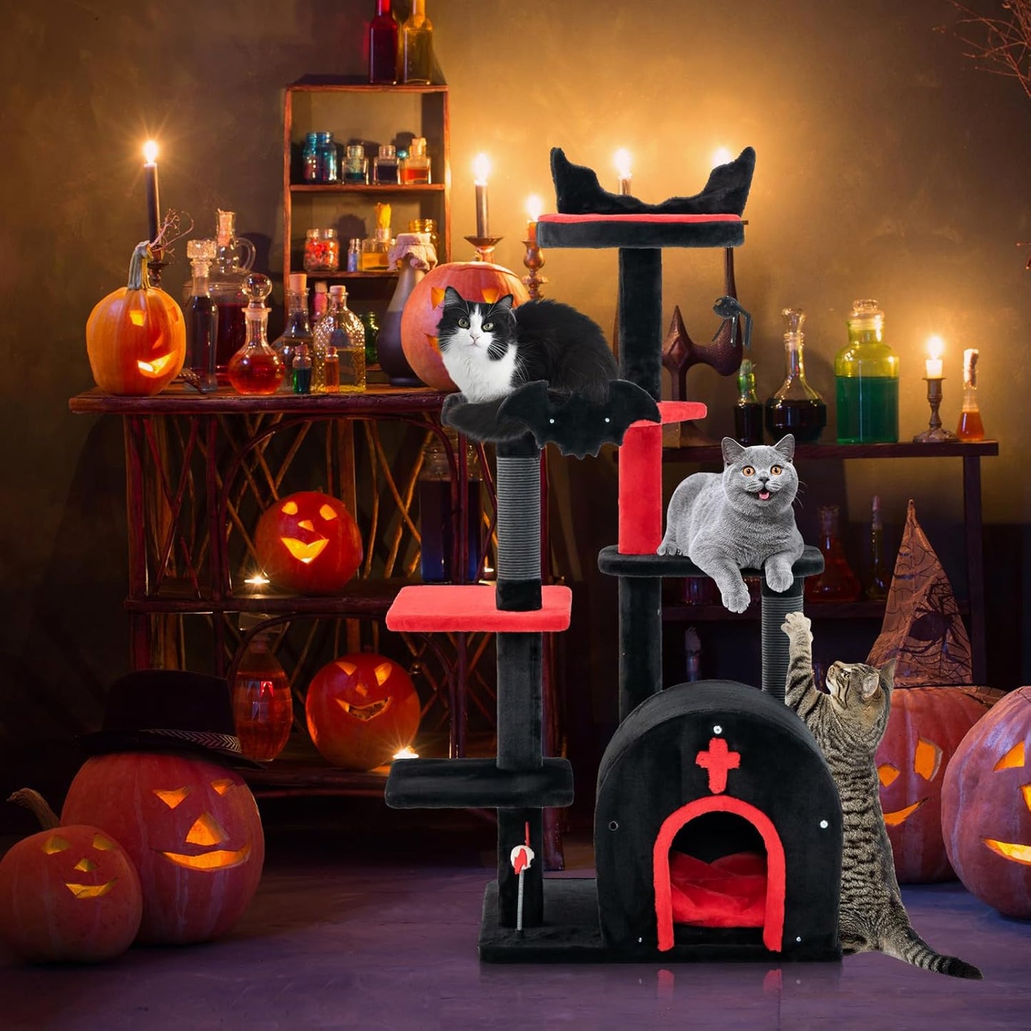 Tangkula Gothic Cat Tree, 53 Inch Black Cat Tower with Coffin Bed, Condo, Scratching Posts, Spider Pompom & Spring Balls, Halloween Pet Furniture, Spooky Goth Cat Tree for Indoor Cats