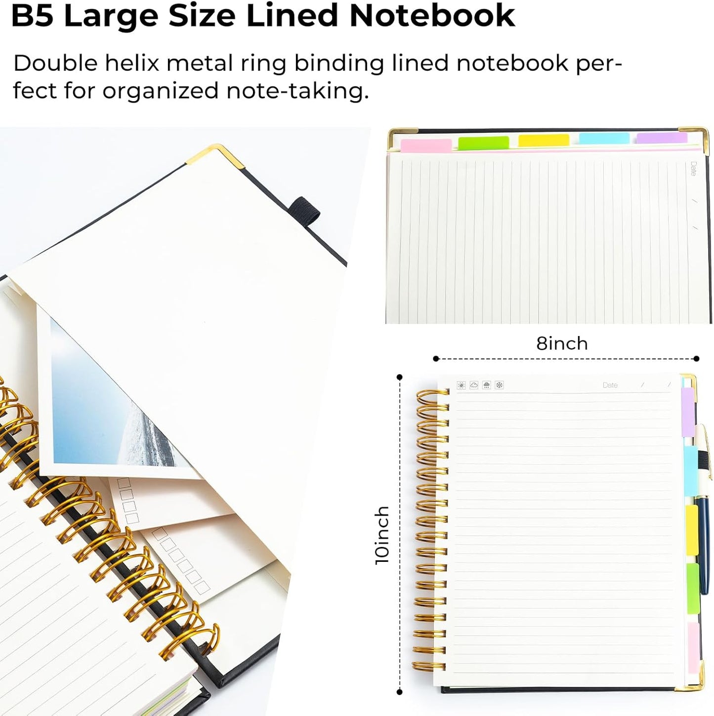 M&G Hardcover Spiral Notebook, 5 Subject Noteboook College Ruled 300 Page, Large 8"x10" B5 Notebooks for Work School, Lined Journal for Women & Men, Black