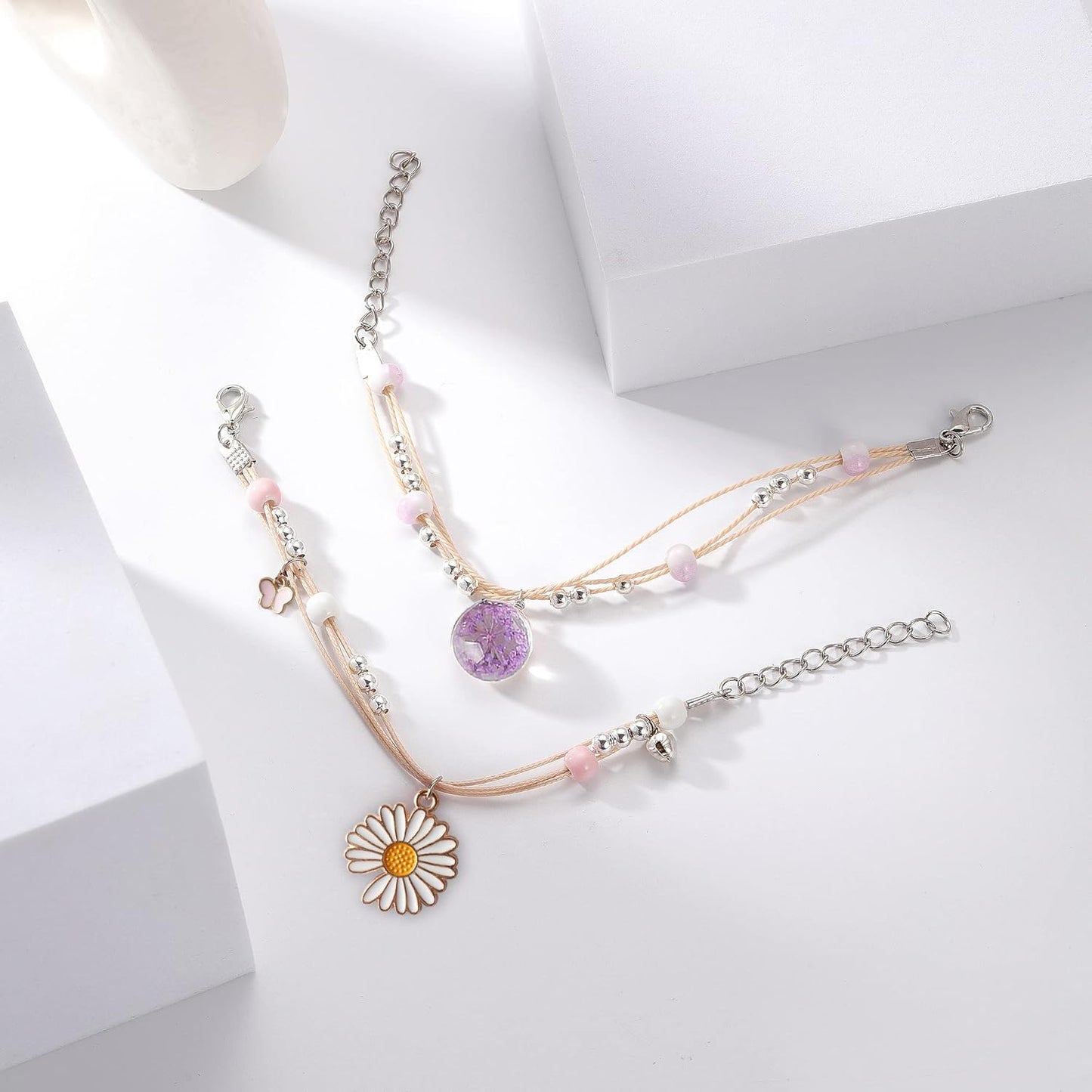 DS 4PCS Beaded Charm Bracelets for Teen Girls Dainty cute cartoon Crystal Beads Pearl Bracelets anklets set for woman and girls Adjustable Stretch bracelet birthday Gift For Friends