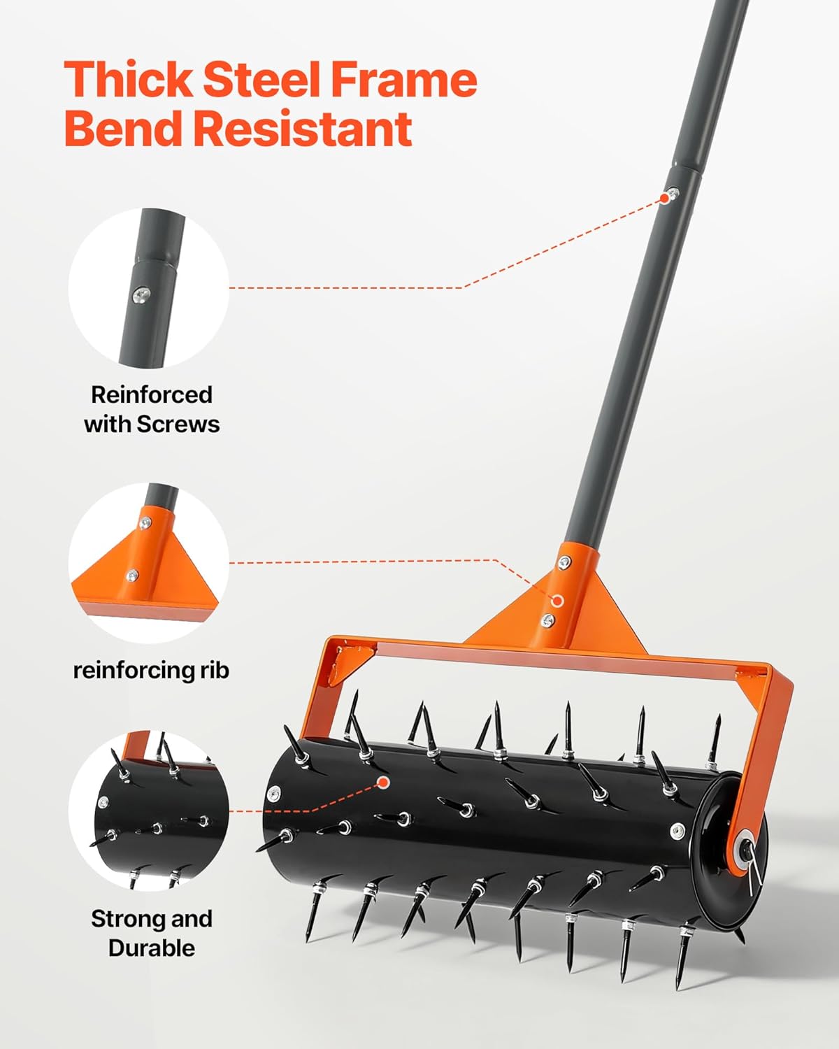VEVOR Rolling Lawn Aerator, 15 in Manual Push Aerator Roller with 42 Spikes & 60 in Long Handle, Fillable Drum for Added Weight, Heavy-Duty Lawn Soil Penetrator for Garden Yard Compacted Soils