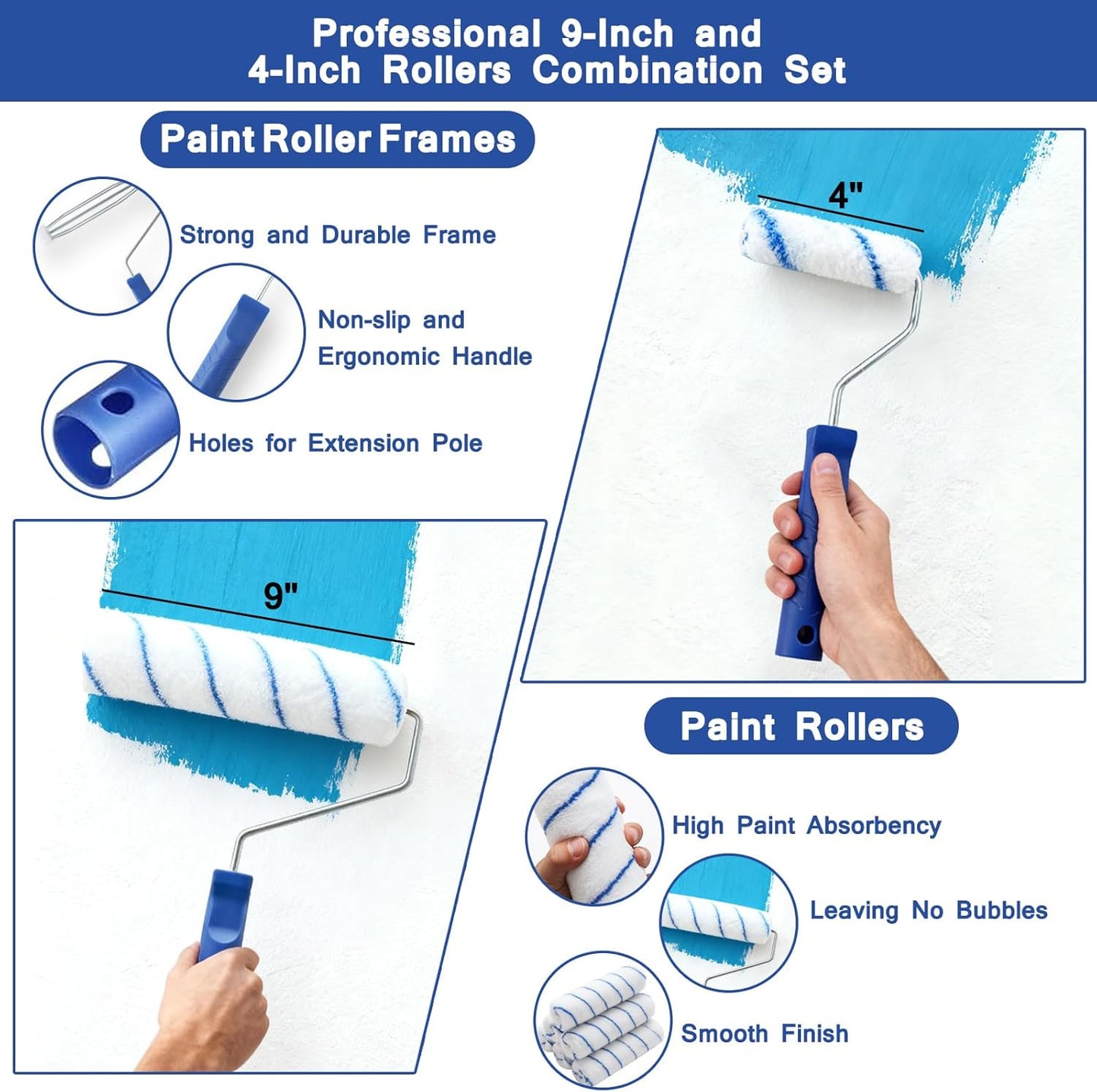 MAXWAVE Paint Roller Kit with Extension Pole, 34 Piece Set, 4" and 9" Paint Rollers, 1.63 Ft to 4 Ft Pole, Painting Brushes Supplies for Professional House Wall Latex, Oil Paints and Stains