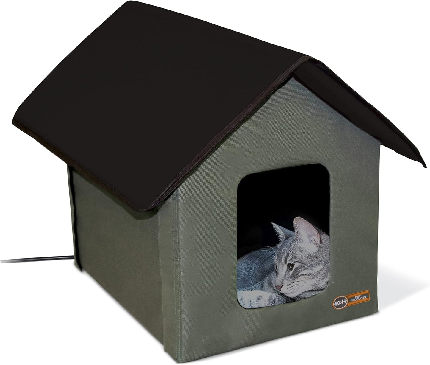 K&H Pet Products Heated Outdoor Cat House for Outside Pets in Winter, Weatherproof Outdoor House for Ferals, Insulated Kitty Shelter, 2 Doors, Waterproof Heated Cat Bed, Safety Listed - Olive/Black