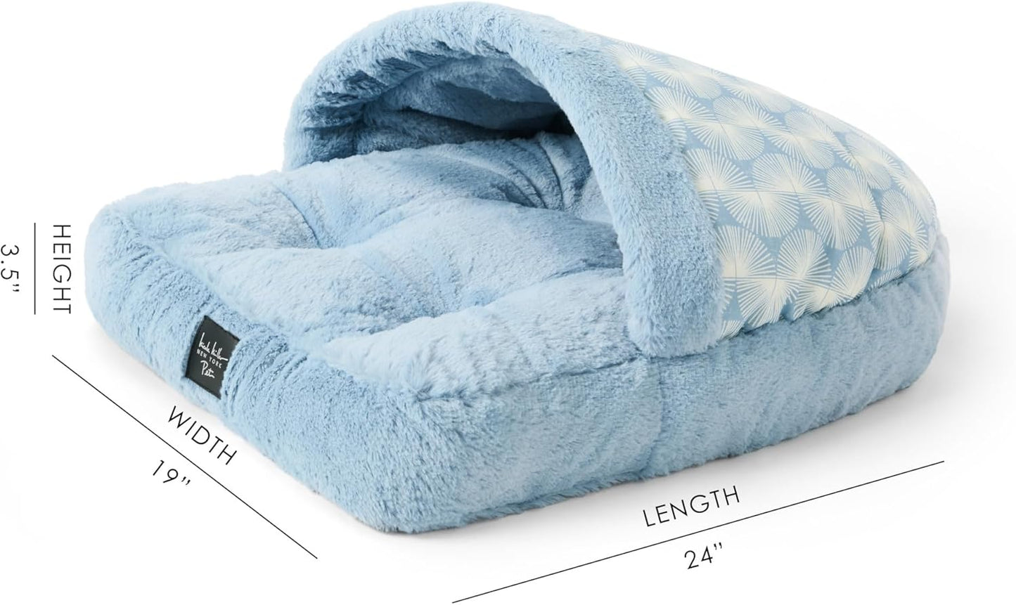 Nicole Miller New York PET Kendall Fluted Geo Cozy Slipper Cave Pet Bed, Cozy & Calming, Non-Slip Bottom, Machine Washable, Blue, Small 22"x17"x11"