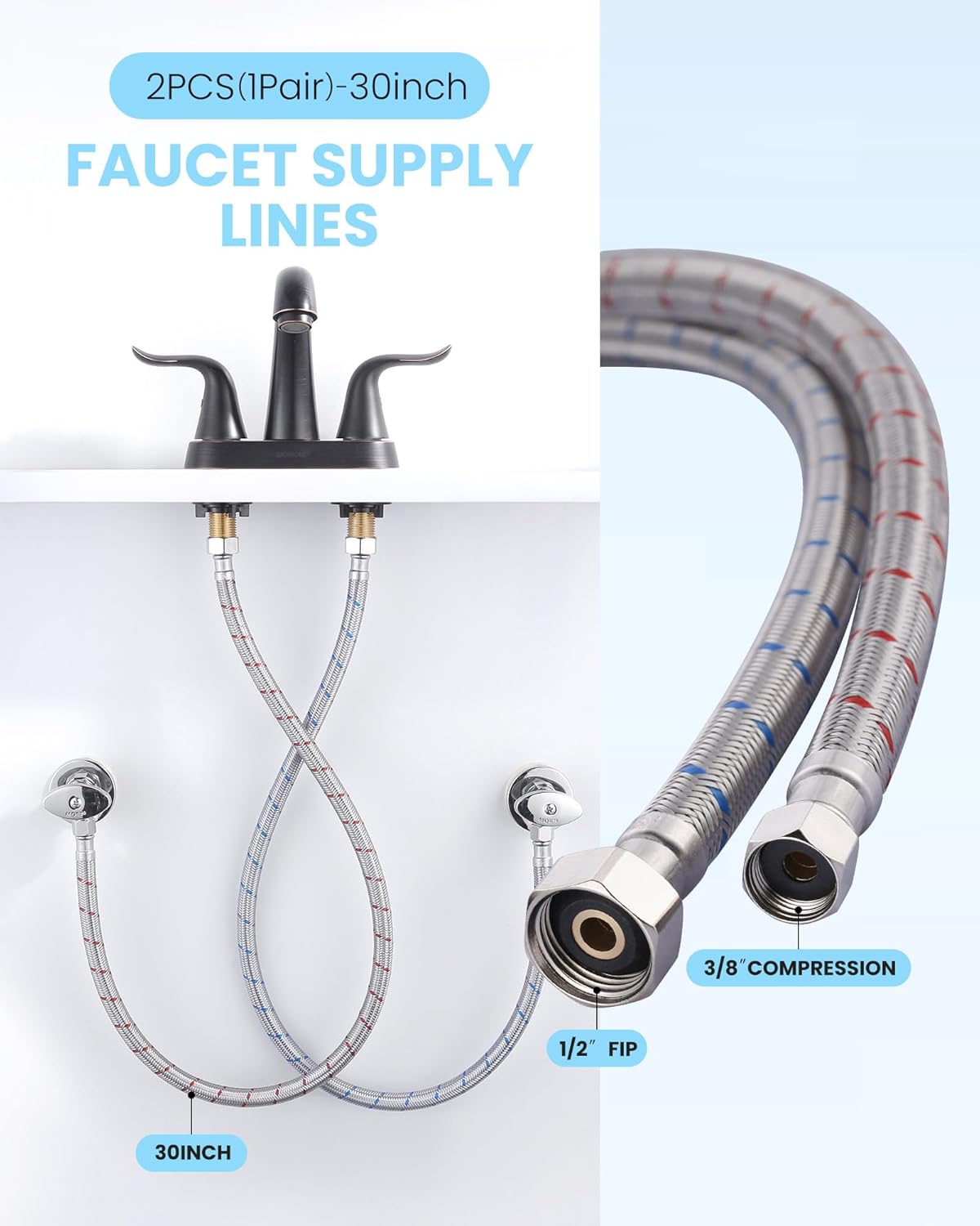 30-Inch Faucet Supply Lines: Braided Stainless Steel Flexible Faucet Hose Connector - 3/8" Compression x 1/2" FIP Water Supply Lines for Bathroom Kitchen Sink Hose Extension 2PCS