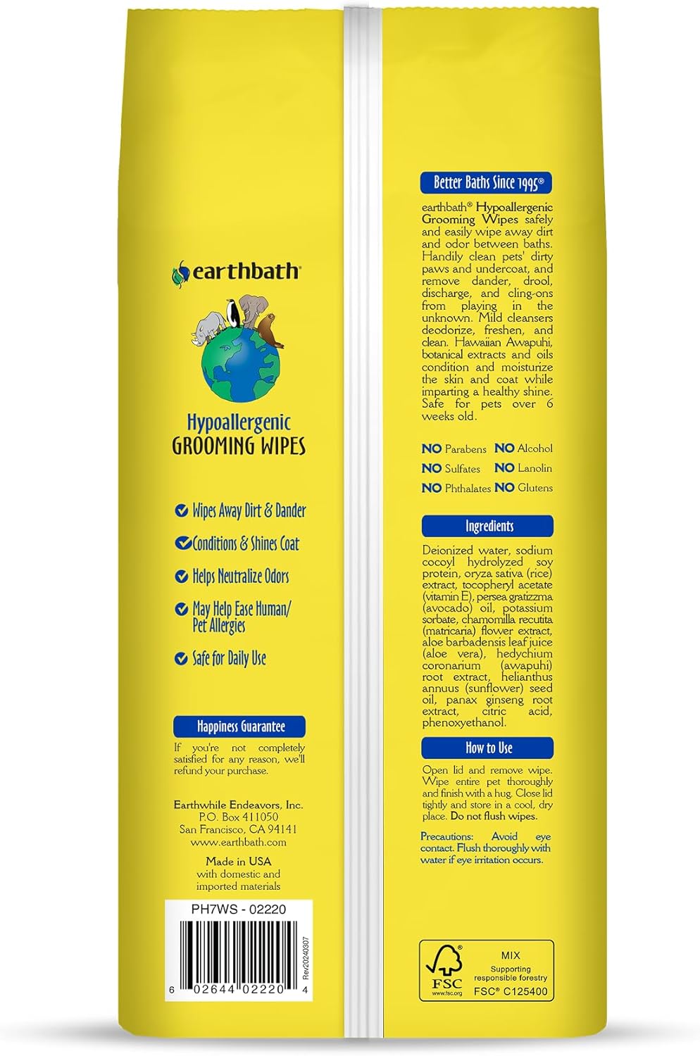 earthbath Dog Grooming Wipes - Dog Wipes for Paws and Butt, Pet Wipes for Dogs & Cats, Helps Itchy & Dry Skin -Fragrance Free, 100 Count (1 Pack)