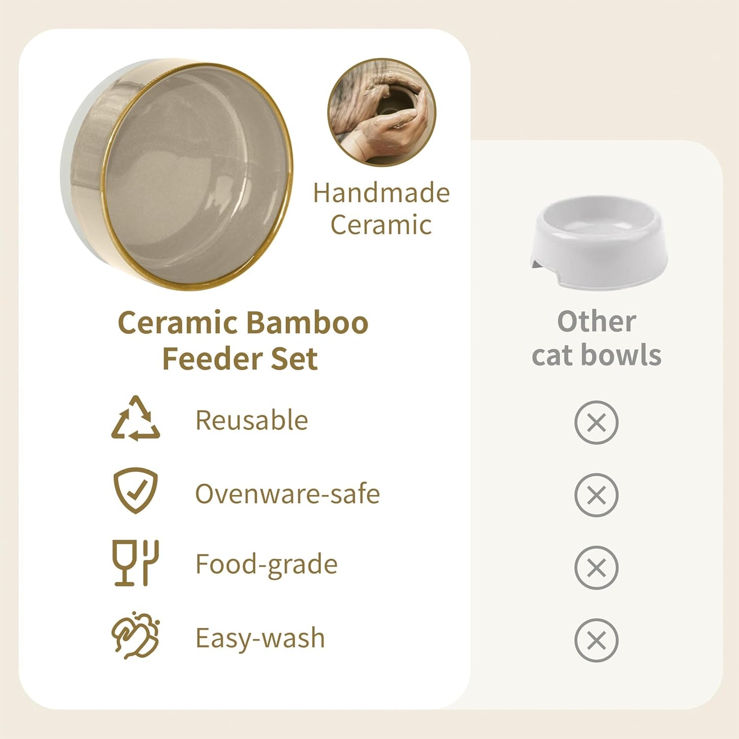 Elevated Ceramic Cat and Dog Double Bowl Set - 14 oz Lead-Free Feeder with Two Natural Bamboo Wood Stands (Brown)