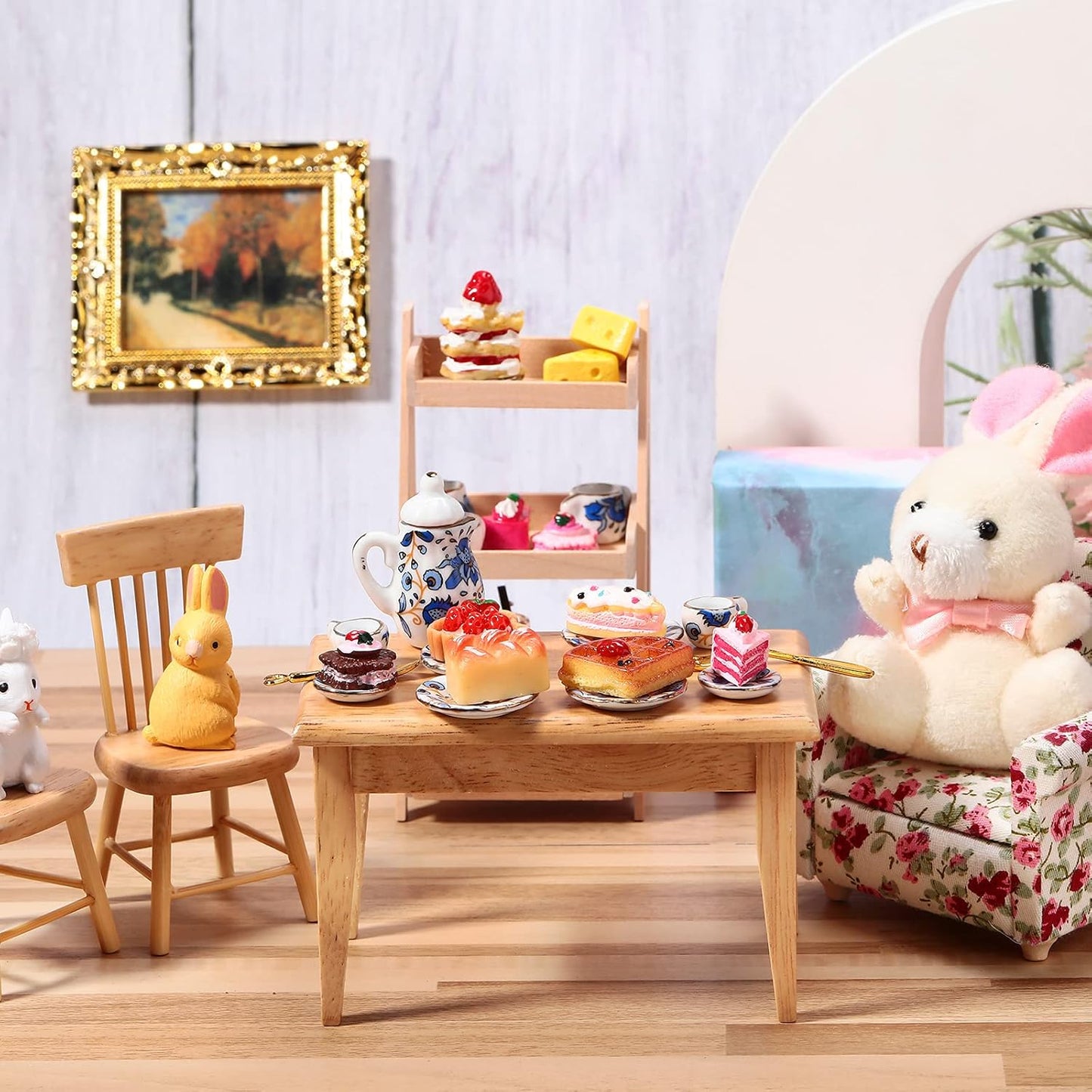 Geiserailie 2 Set 1:12 Dollhouse Miniature Porcelain Tea Cup 30 Pieces Mini Flowers Pattern with Golden Trim Teapot Cup Plate Mini Tea Dollhouse Kitchen Accessories