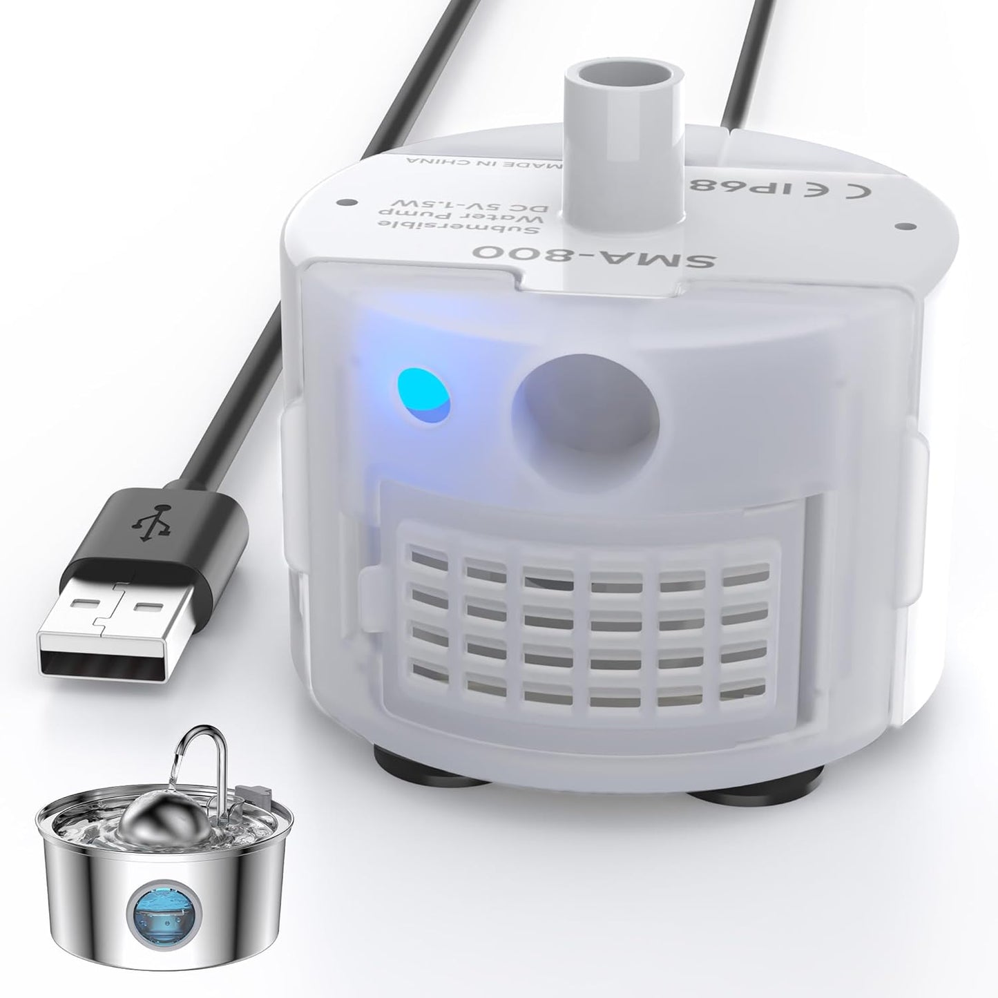 AONBOY Cat Fountain Pump with LED Light, USB Jack, Suitable for 108oz/3.2L Cat Water Fountain Stainless Steel(S3-SC), Ultra Quiet, Super Waterproof, Long Lifespan, Good After-Sales Service
