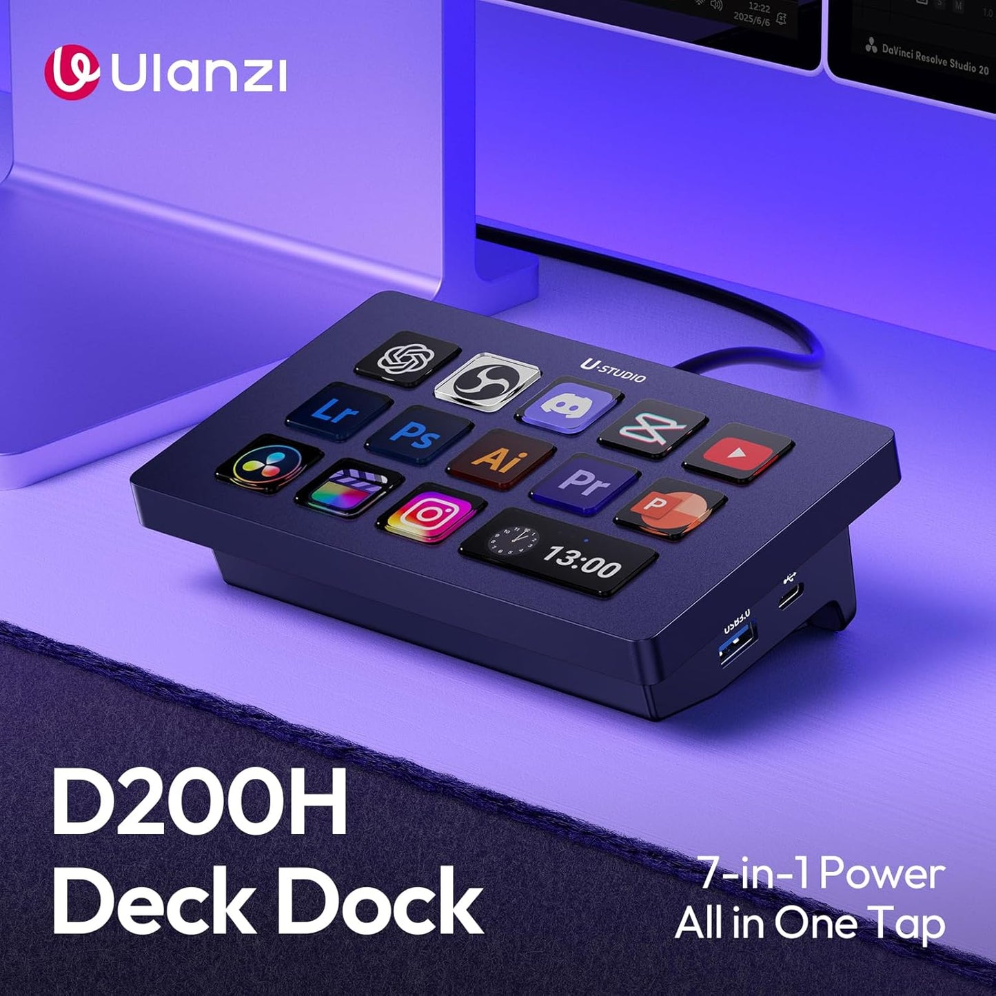 ULANZI D200H Stream Controller & USB C Docking Station with Stand Base, 14 Keys Macro Keyboard with 7-in-1 Hub Deck Dock, SD/TF Card Reader, Customerable LCD Key for Live/Gaming/Editing/Office