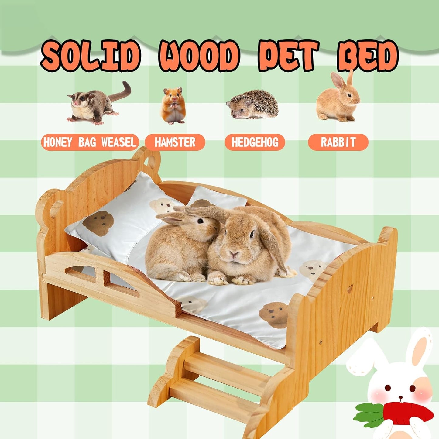 Solid Wood Rabbit Bed with Mini Staircase, Natural Wood Small Animal Bed for Rabbits, Hamsters, Hedgehogs - Low Bed Frame with Rounded Edges for Safe Climbing, Prevents Falls & Comfort Rest