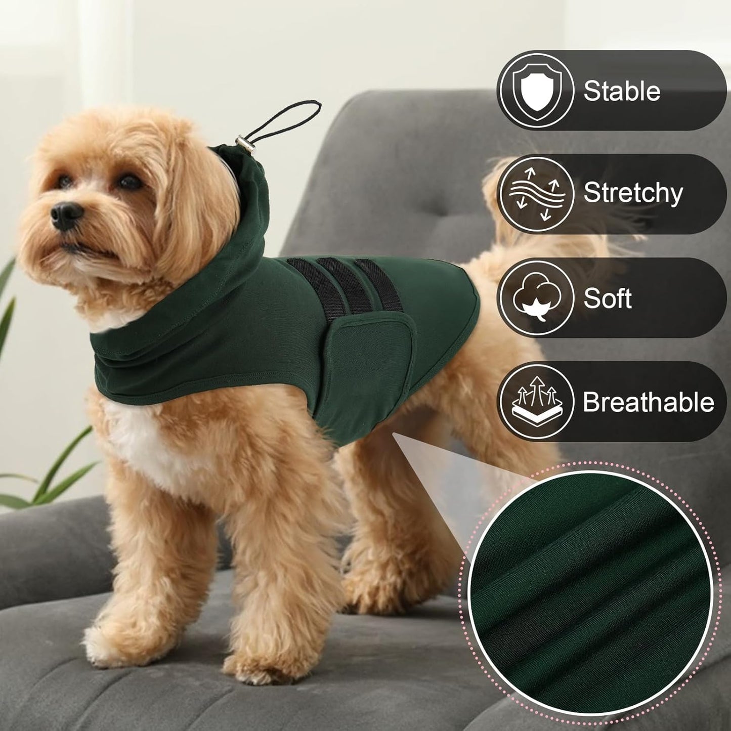 Anxiety Vest for Small Dogs-S | Anxiety Shirt with Hood Ear Cover,Sleeveless Lightweight Calming Vest for Strangers,Storm,Travel,Breathable for All-Seasons (DarkGreen)