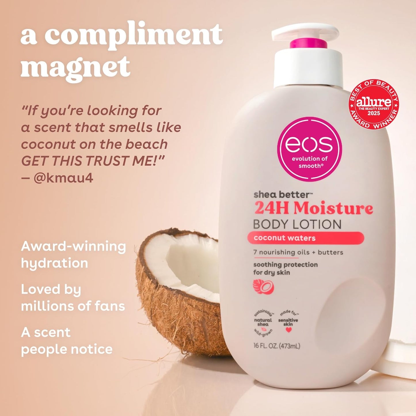 eos Shea Better Body Lotion Coconut Waters, 24-Hour Moisture Skin Care, Lightweight & Non-Greasy, Natural Shea, Vegan, Coconut Body Lotion, 16 fl oz