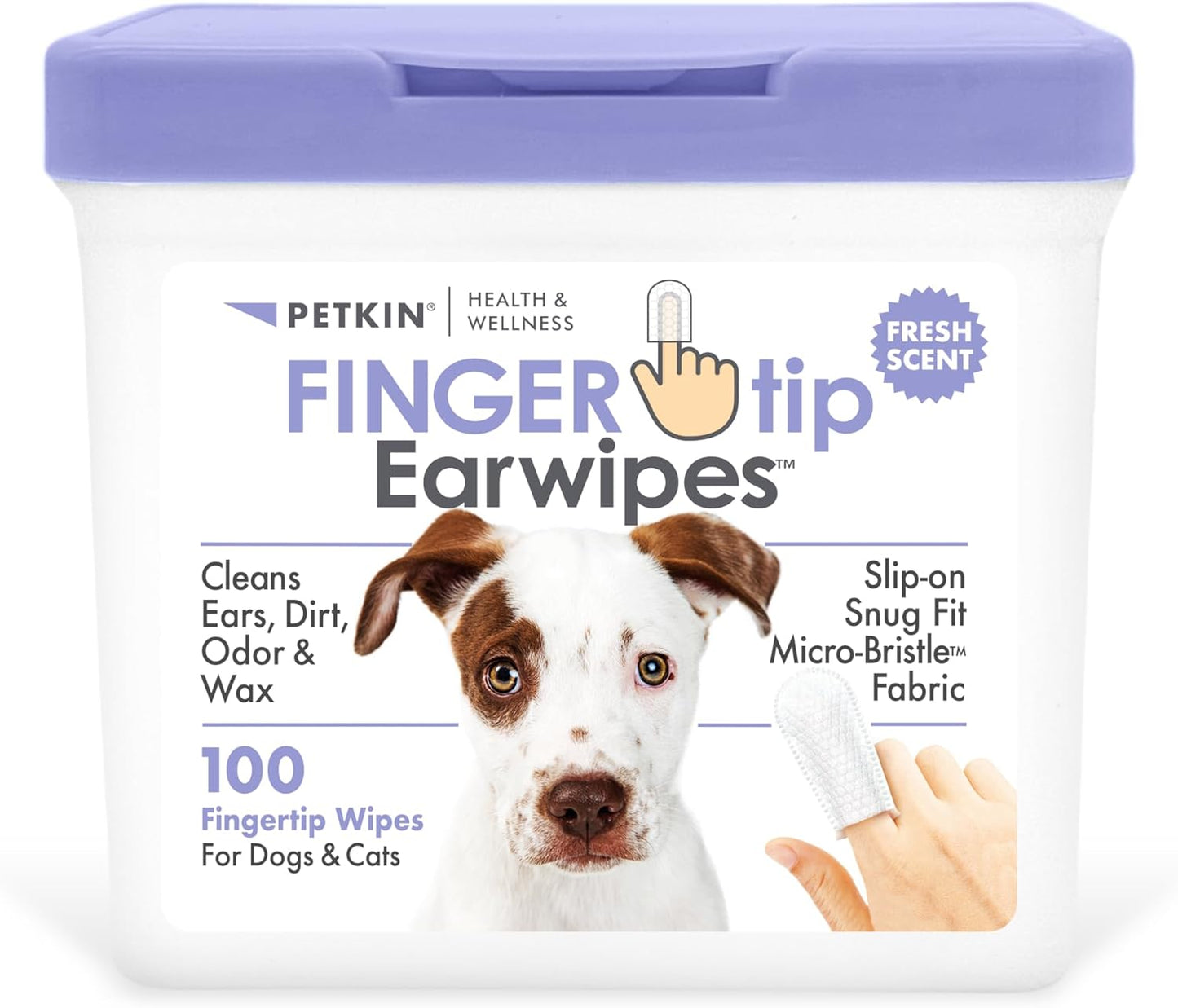 Petkin Fingertip Ear Wipes for Dogs and Cats, 100 Finger Wipes - Slip-On, Snug Fit, Micro-Bristle Fabric - Cleans Ears, Dirt, Odor and Wax - Convenient, Ideal for Home and Travel - Fresh Scent