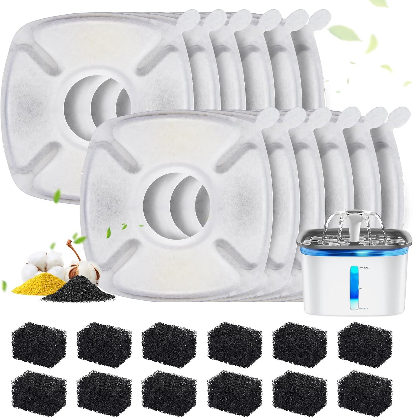 24 Pcs Cat Water Fountain Replacement Filters, Compatible with Veken 95oz/2.8L Automatic Pet Fountain - 12 Pack Water Fountain Filters & 12 Pack Pre-Filter Sponges